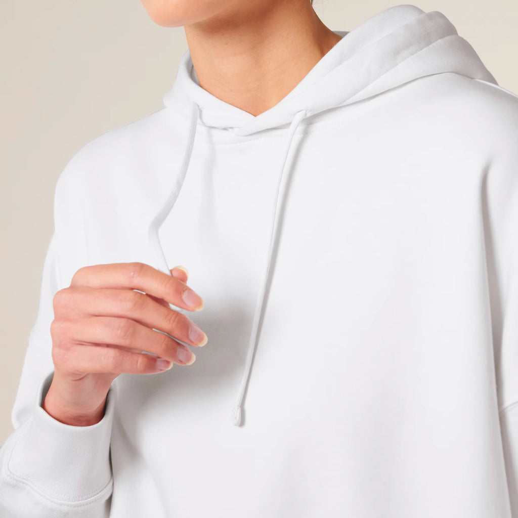 Women's Organic Crop Hoodie White drawcords No Limits