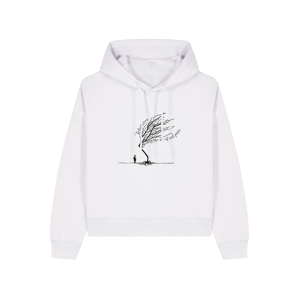 Women's Organic Crop Hoodie White front Bend Not Break