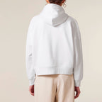 Women's Organic Crop Hoodie White model female back Bend Not Break
