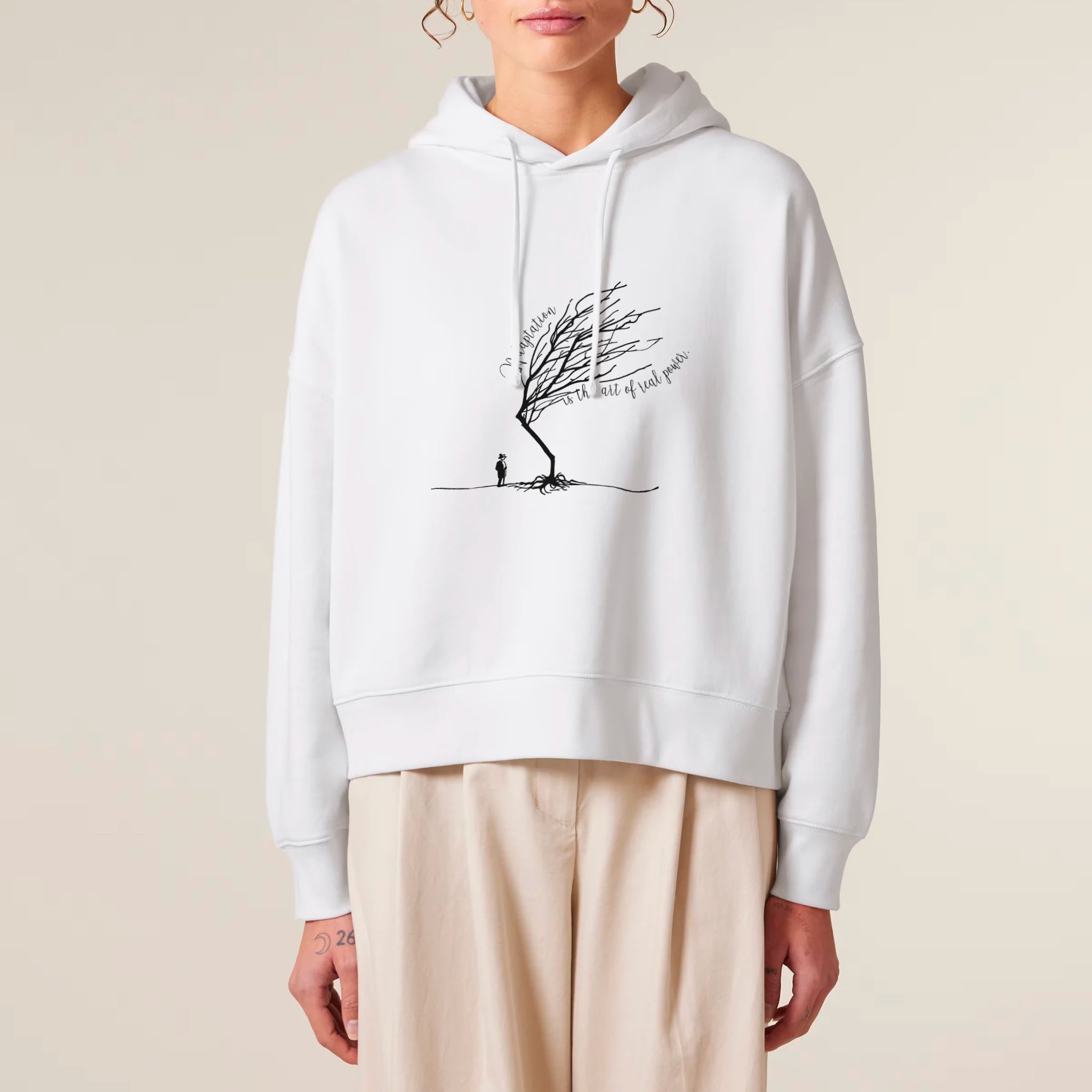 Women's Organic Crop Hoodie White model female front Bend Not Break