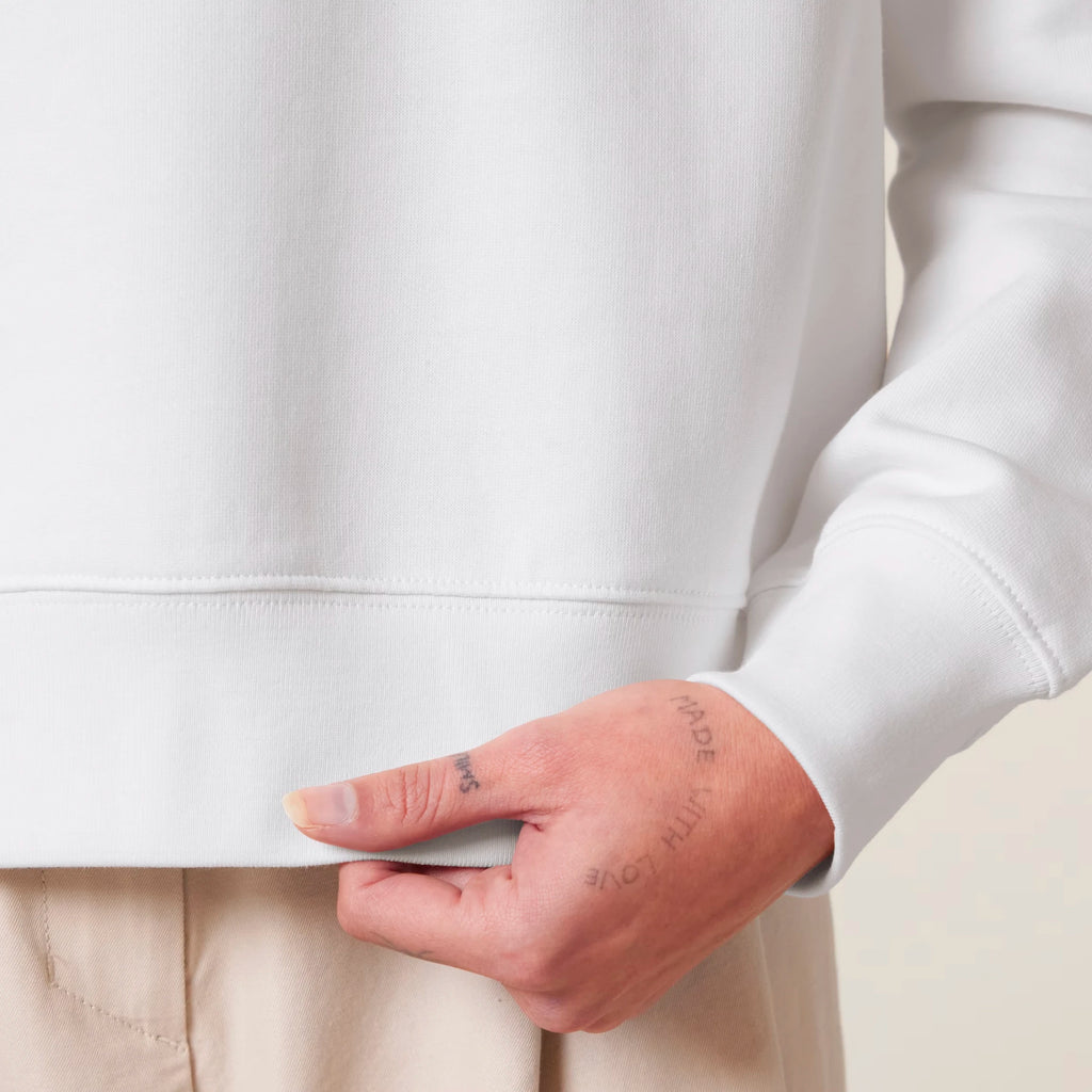 Women's Organic Crop Hoodie White sleeves Meaningful Life