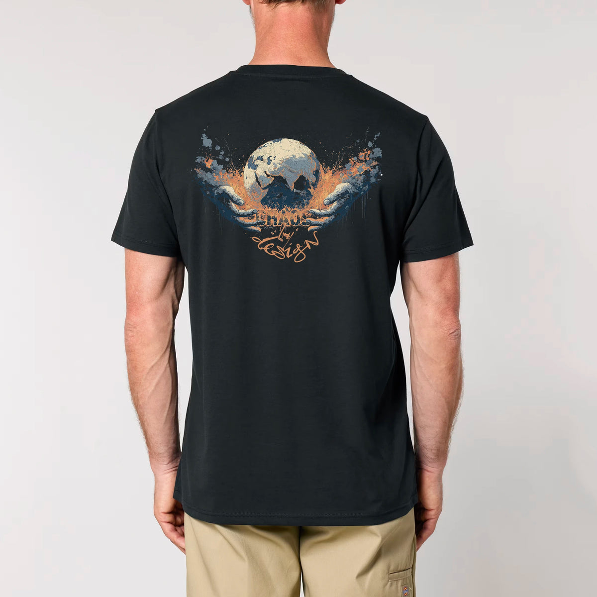 TOLS men's unisex medium fit organic cotton T-shirt in Black, male back - Chaos by Design