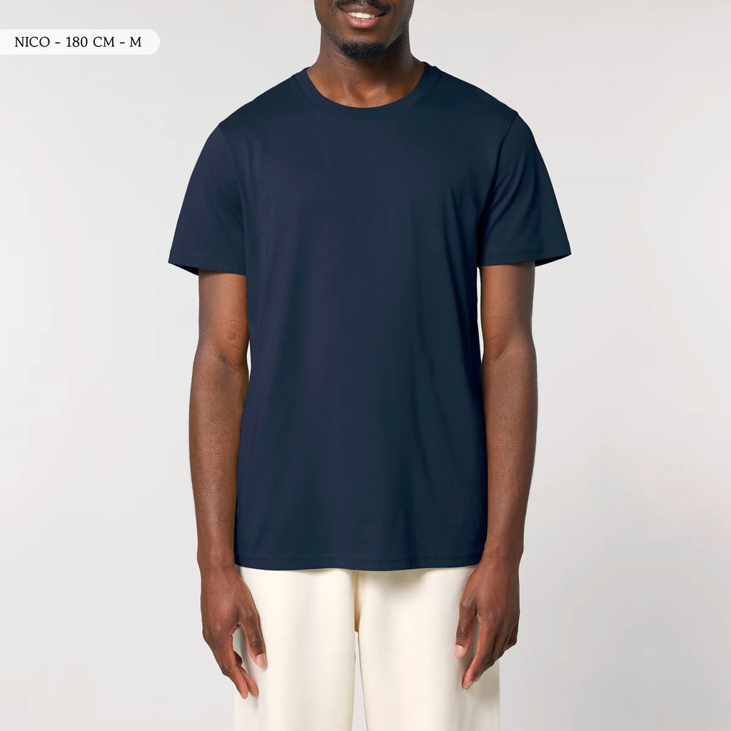 TOLS men's unisex medium fit organic cotton T-shirt in French Navy, male front - Chaos by Design