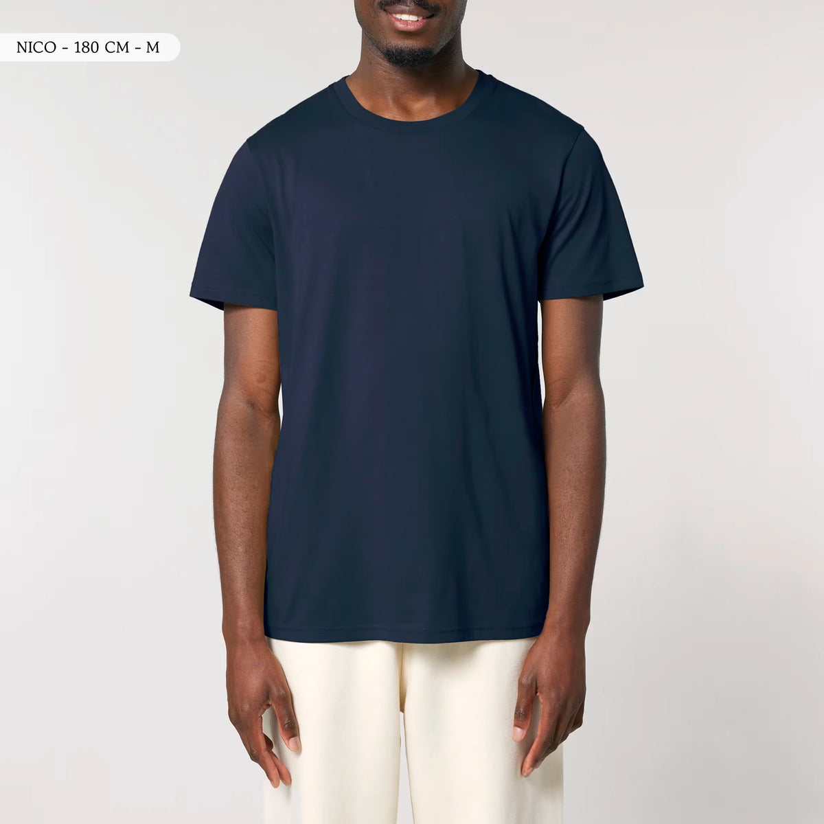TOLS men's unisex medium fit organic cotton T-shirt in French Navy, male front - Chaos by Design