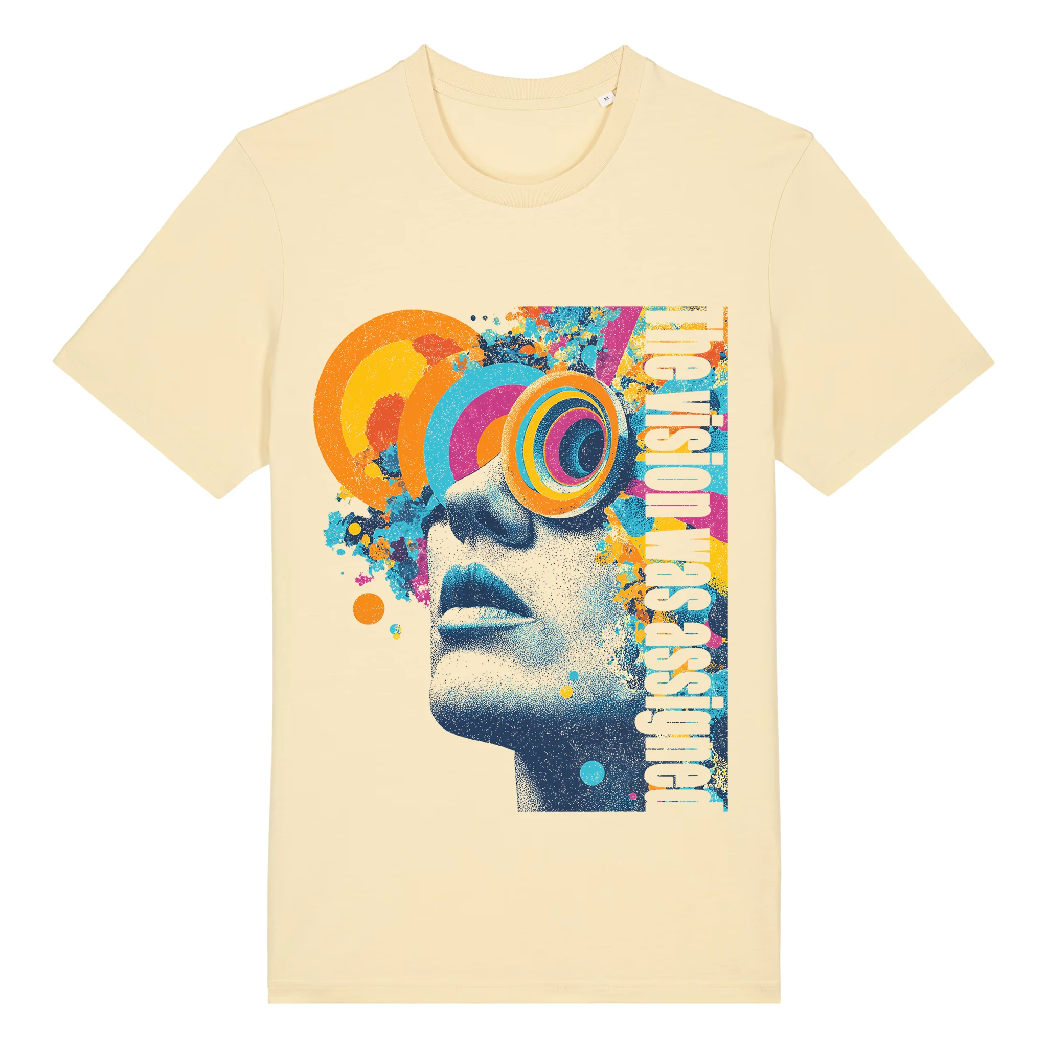 Front view of the TOLS Assigned Vision unisex organic cotton T-shirt in butter color.