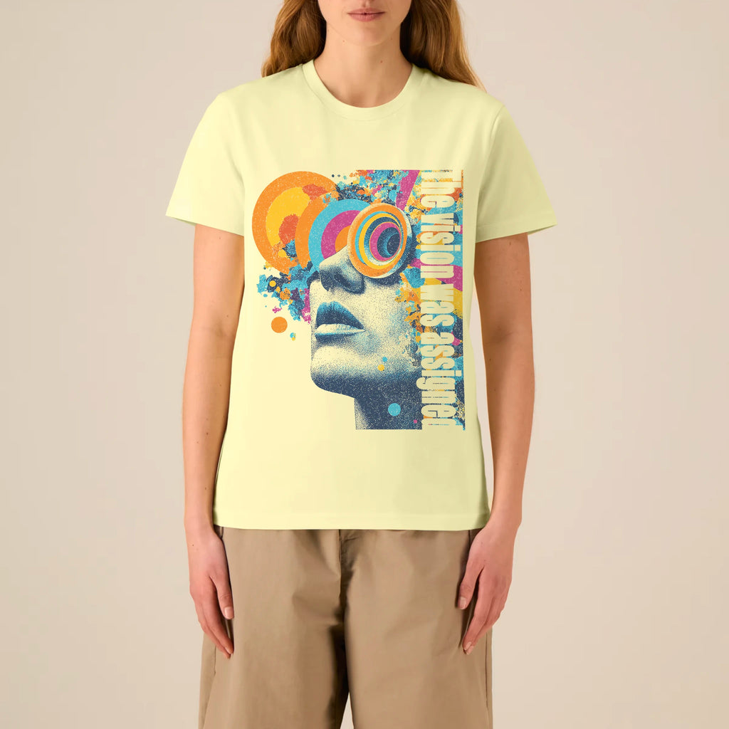 Front view of a female model wearing the TOLS Assigned Vision unisex organic cotton T-shirt in lemon sorbet color.