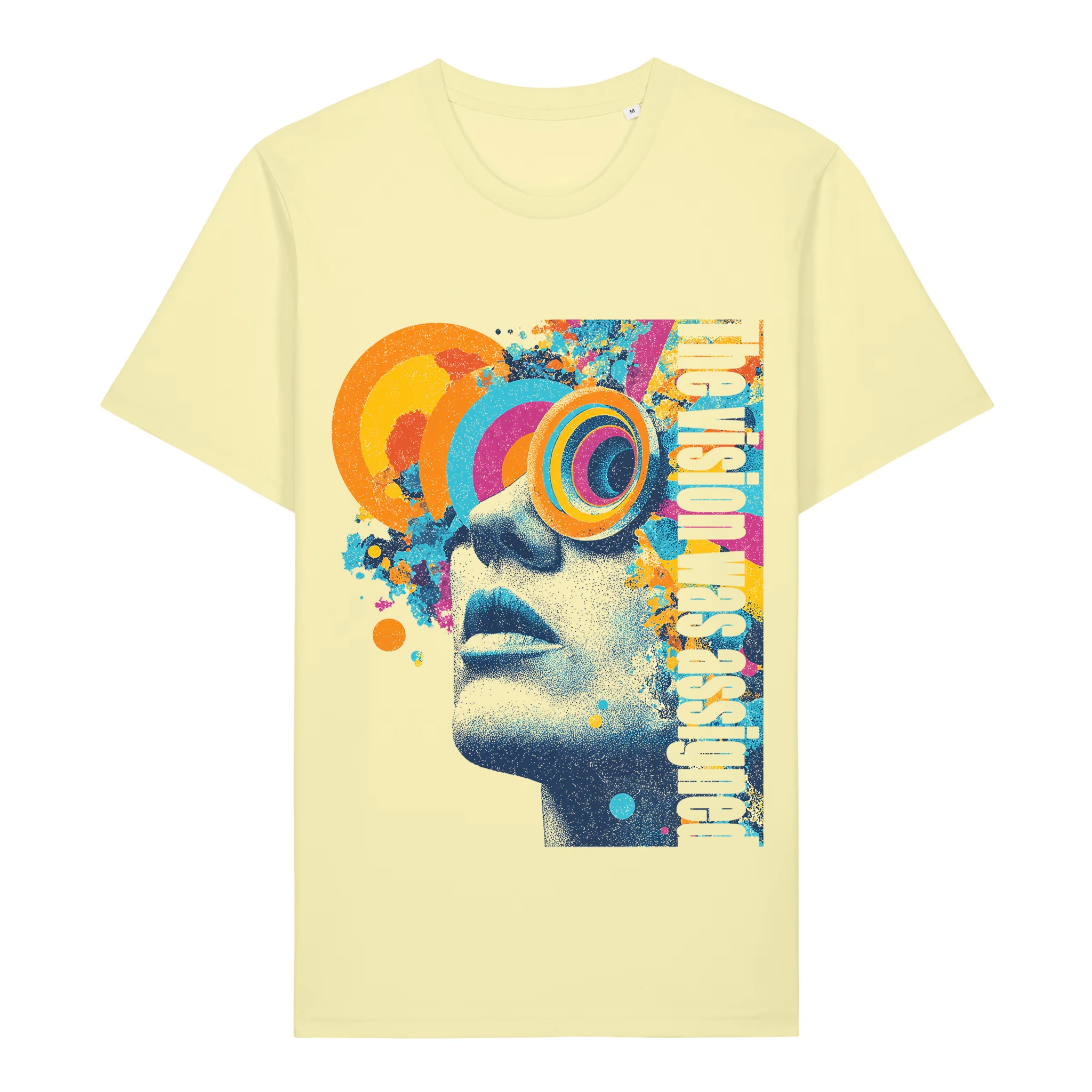 Front view of the TOLS Assigned Vision unisex organic cotton T-shirt in lemon sorbet color.