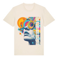 Front view of the TOLS Assigned Vision unisex organic cotton T-shirt in natural raw color.