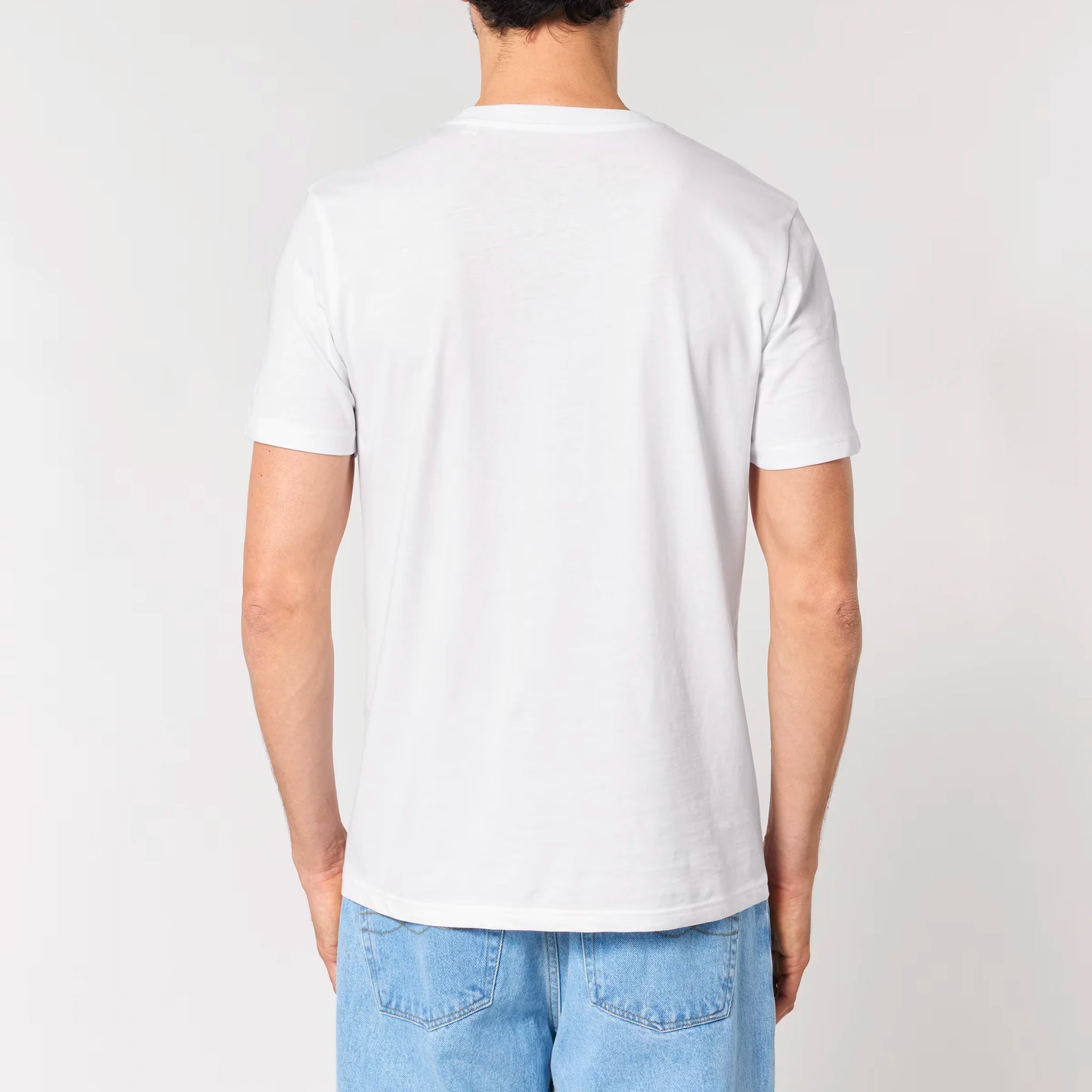 Back view of a male model wearing the TOLS Assigned Vision unisex organic cotton T-shirt in white color.