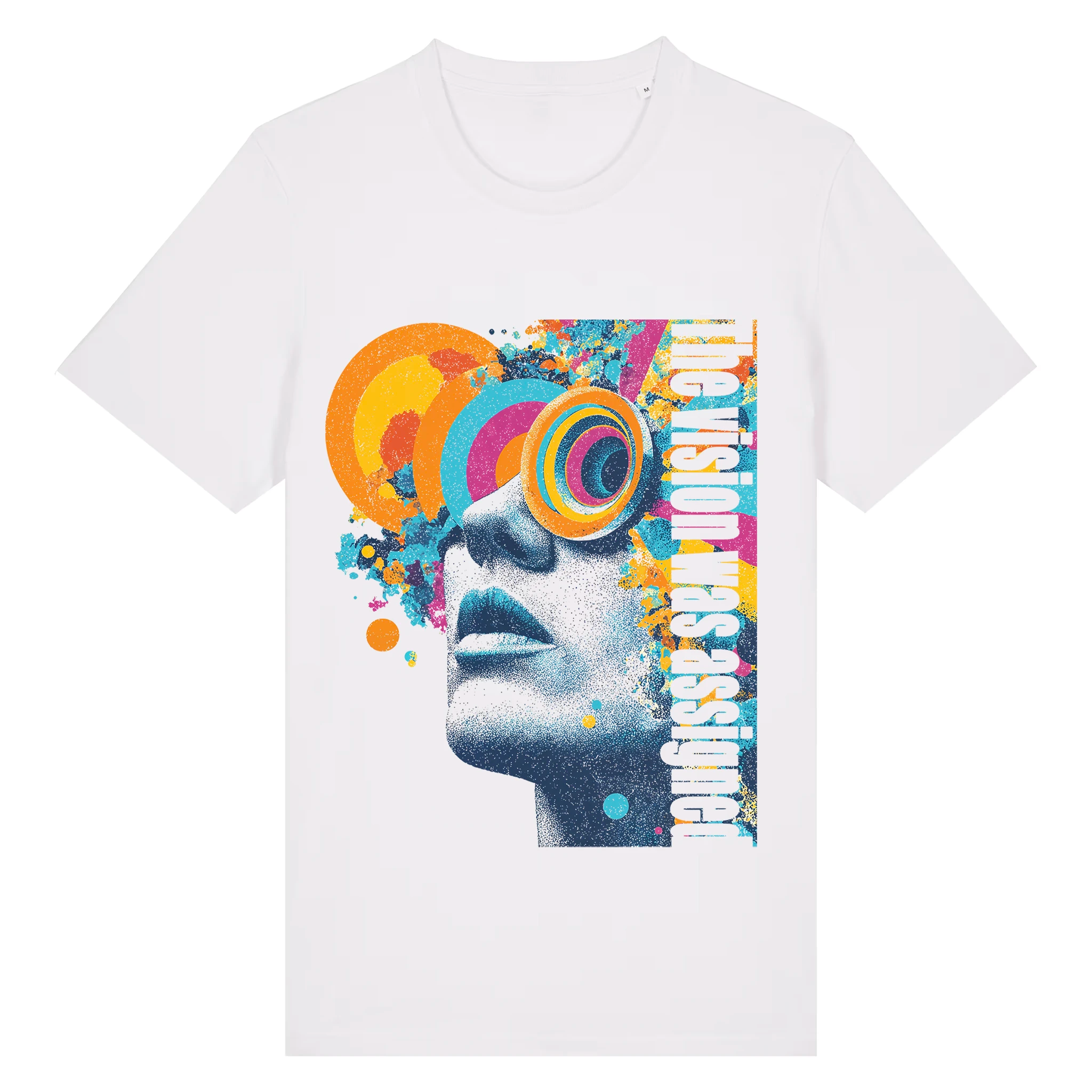 Front view of the TOLS Assigned Vision unisex organic cotton T-shirt in white color.
