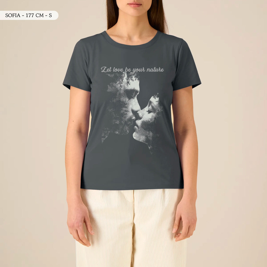 TOLS The Awakening theme women's fitted organic cotton T-shirt in Anthracite, female front - Love as Default