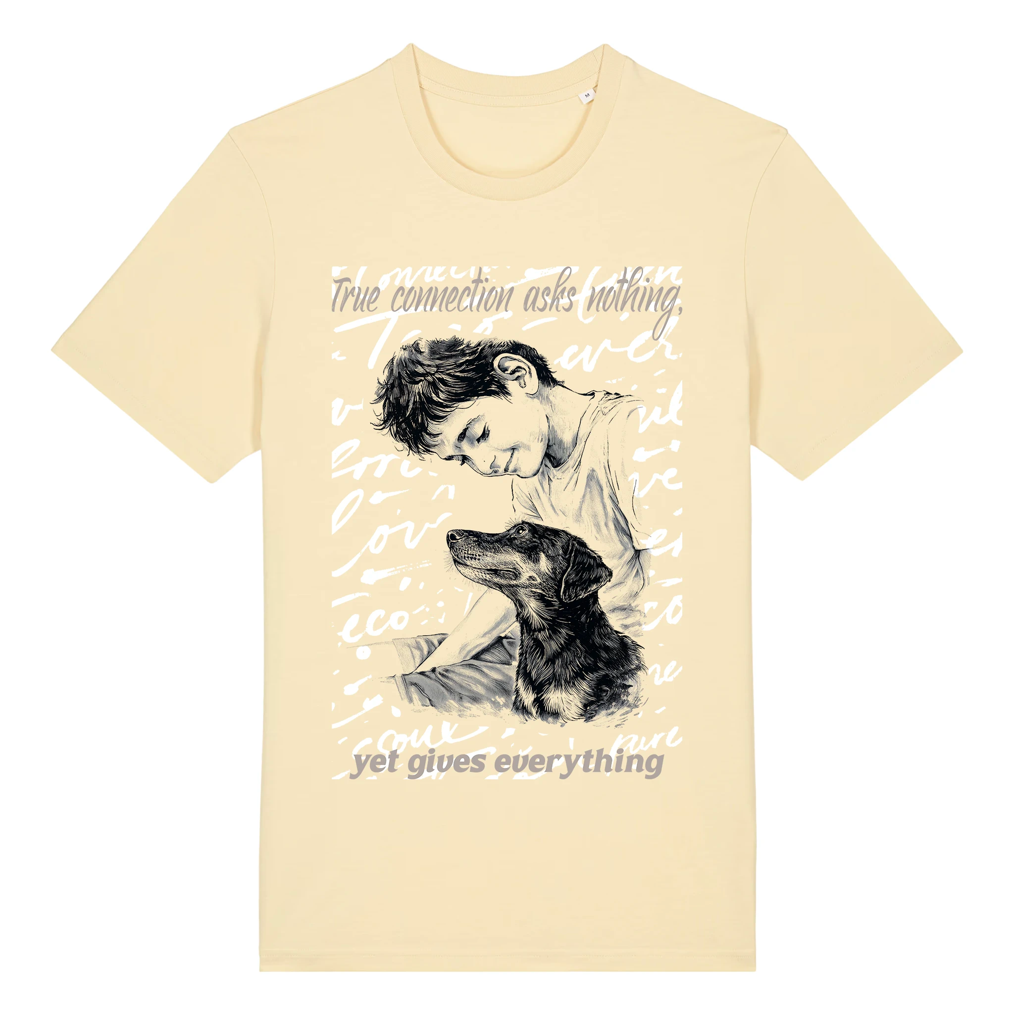 TOLS The Awakening theme men's unisex medium fit organic cotton T-shirt in Butter, front - A Gift of Presence