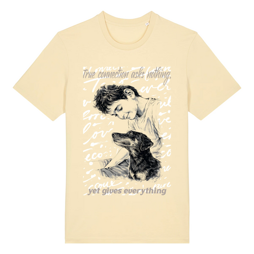 TOLS The Awakening theme men's unisex medium fit organic cotton T-shirt in Butter, front - A Gift of Presence