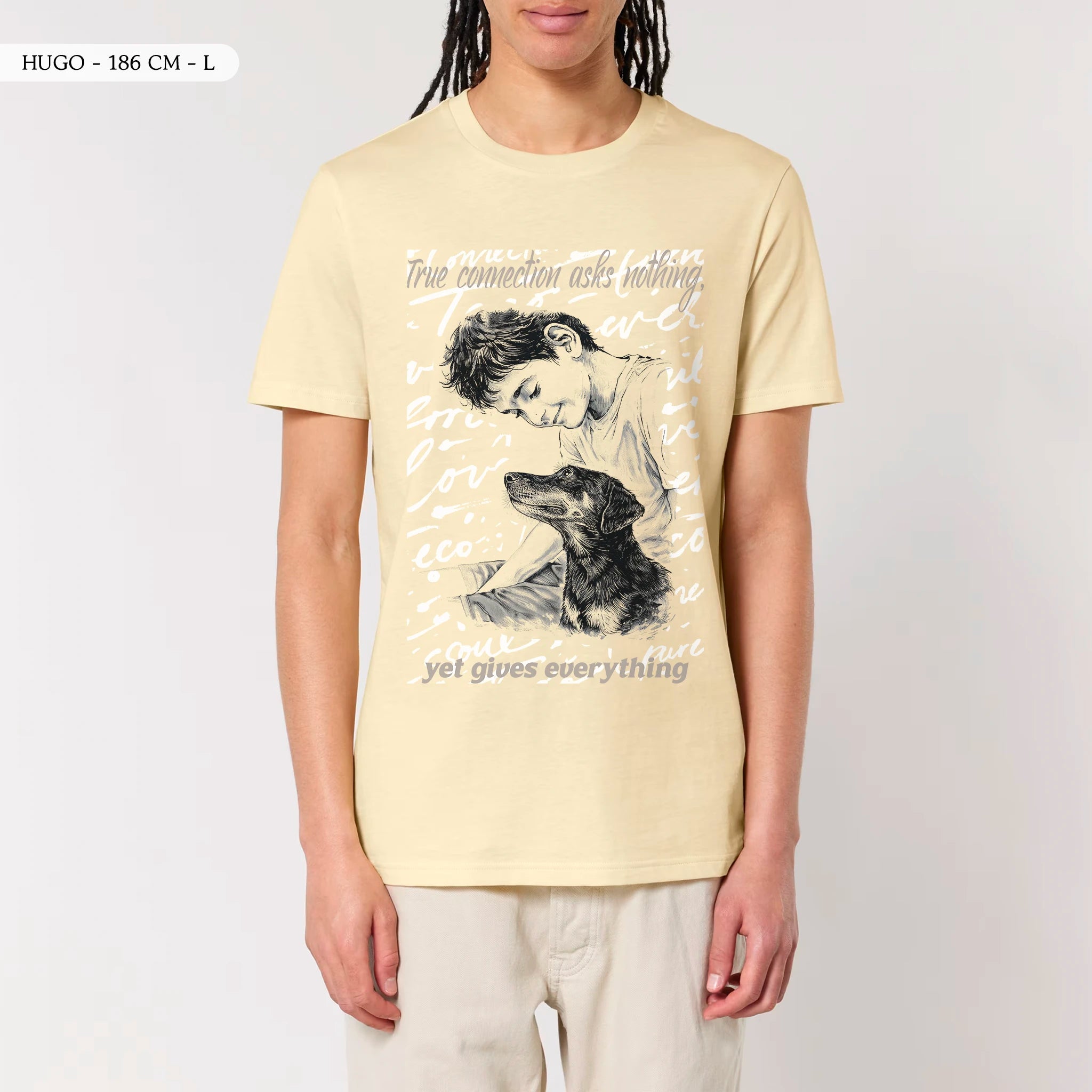 TOLS The Awakening theme men's unisex medium fit organic cotton T-shirt in Butter, male front - A Gift of Presence