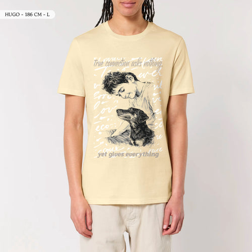 TOLS The Awakening theme men's unisex medium fit organic cotton T-shirt in Butter, male front - A Gift of Presence