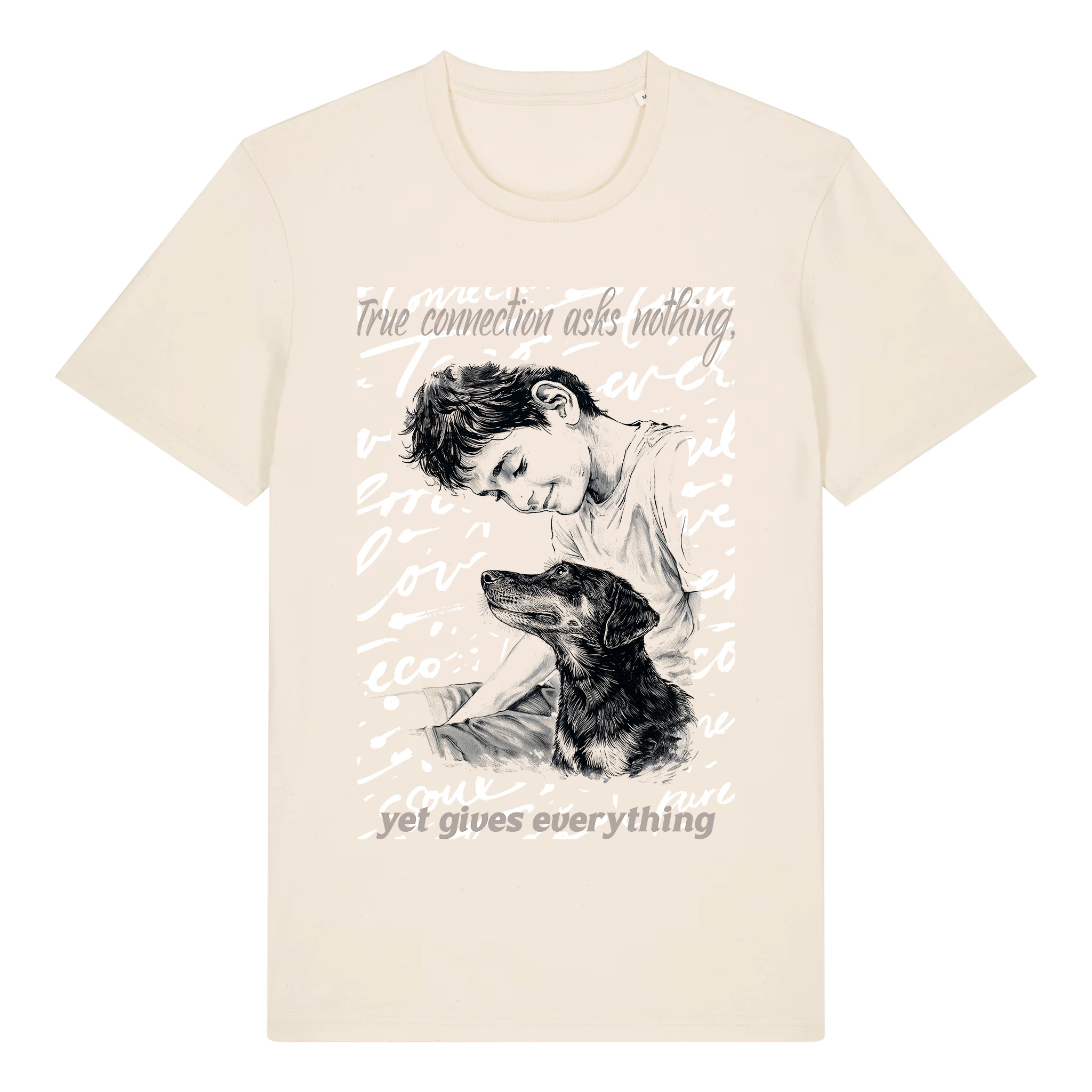 TOLS The Awakening theme men's unisex medium fit organic cotton T-shirt in Natural Raw, front - A Gift of Presence