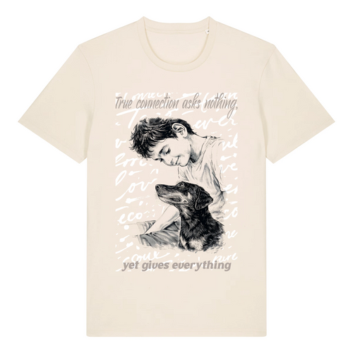 TOLS The Awakening theme men's unisex medium fit organic cotton T-shirt in Natural Raw, front - A Gift of Presence