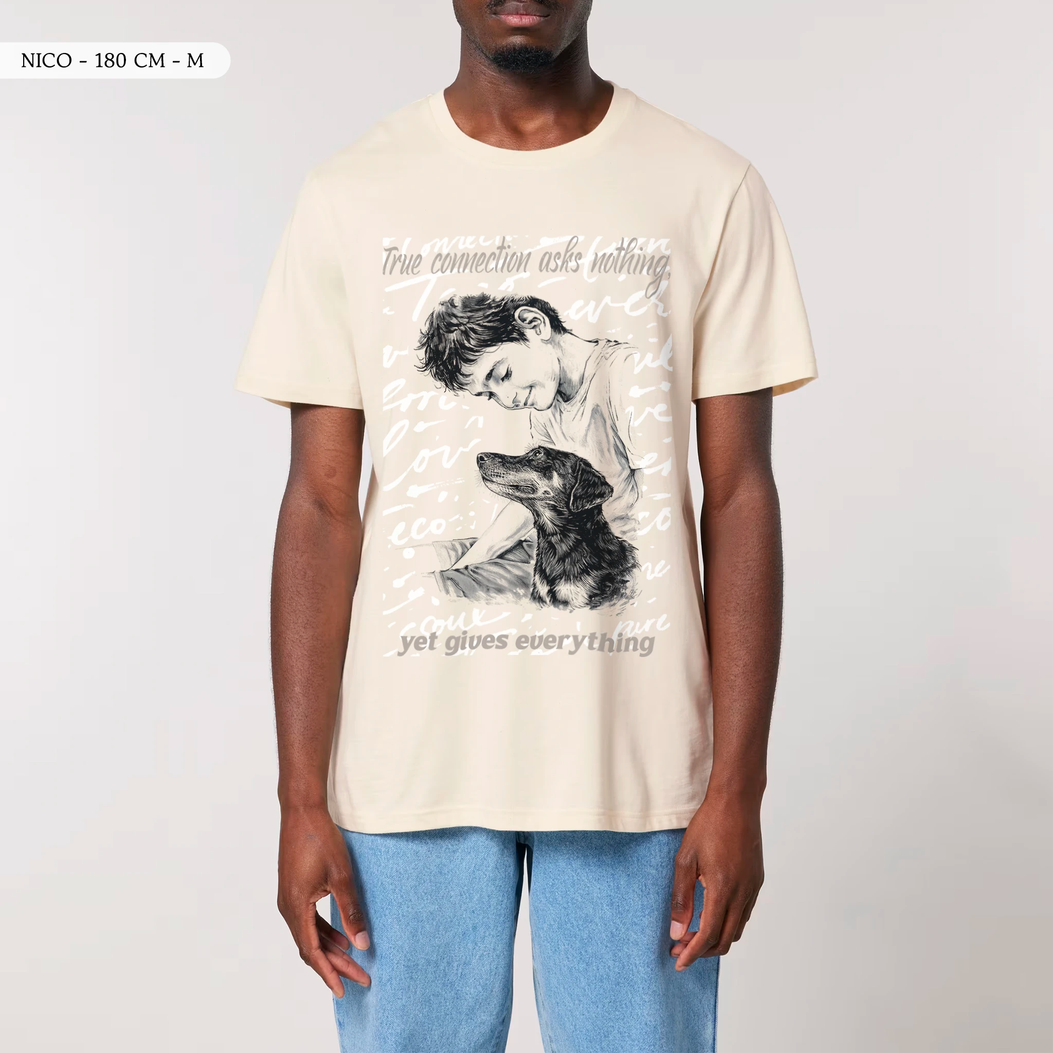 TOLS The Awakening theme men's unisex medium fit organic cotton T-shirt in Natural Raw, male front - A Gift of Presence