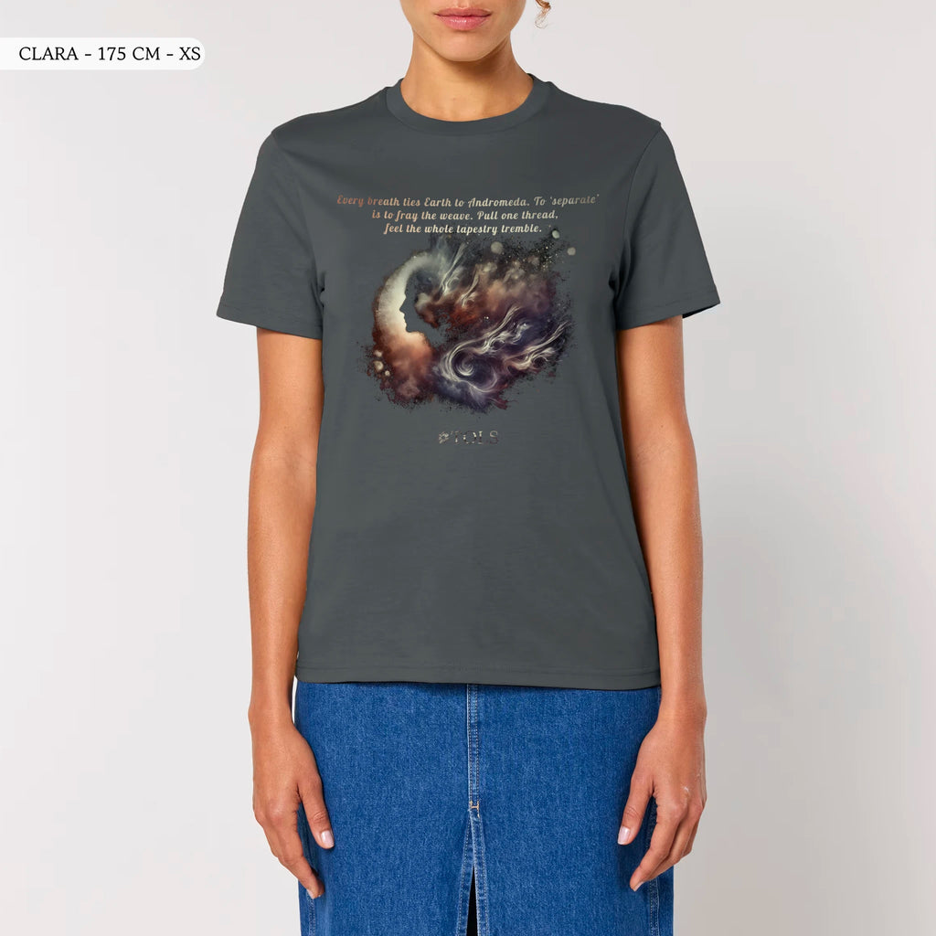 TOLS The Awakening theme men's unisex medium fit organic cotton T-shirt in Anthracite, female front - Galactic Thread
