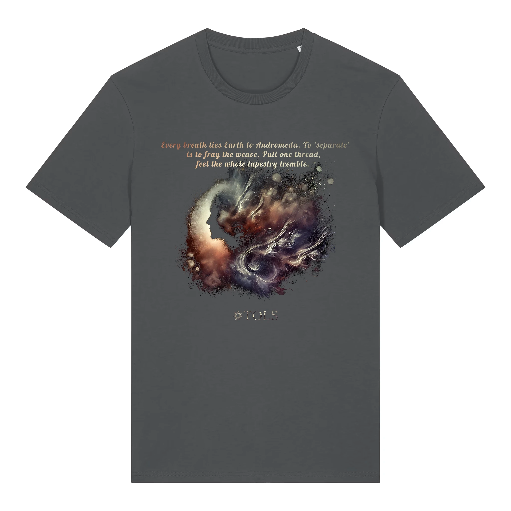 TOLS The Awakening theme men's unisex medium fit organic cotton T-shirt in Anthracite, front - Galactic Thread