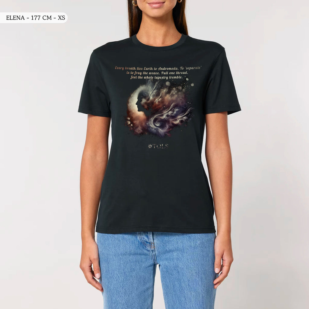 TOLS The Awakening theme men's unisex medium fit organic cotton T-shirt in Black, female front - Galactic Thread