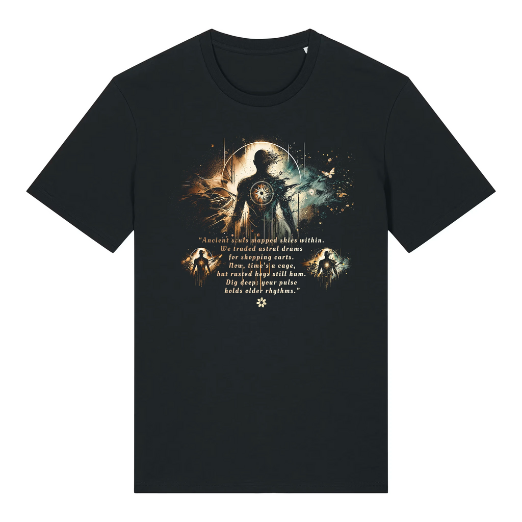 TOLS The Awakening theme men's unisex medium fit organic cotton T-shirt in Black, front - Astral Memory