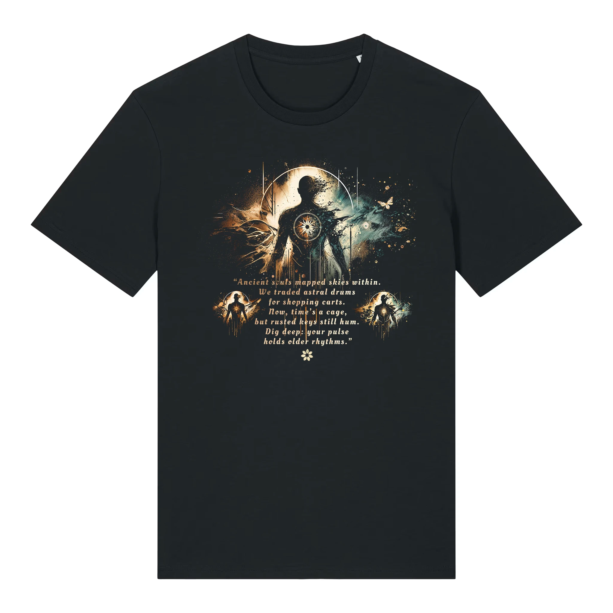 TOLS The Awakening theme men's unisex medium fit organic cotton T-shirt in Black, front - Astral Memory
