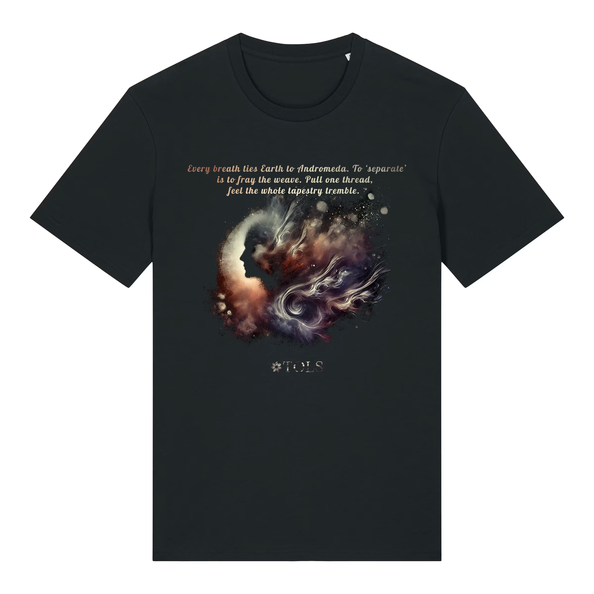 TOLS The Awakening theme men's unisex medium fit organic cotton T-shirt in Black, front - Galactic Thread