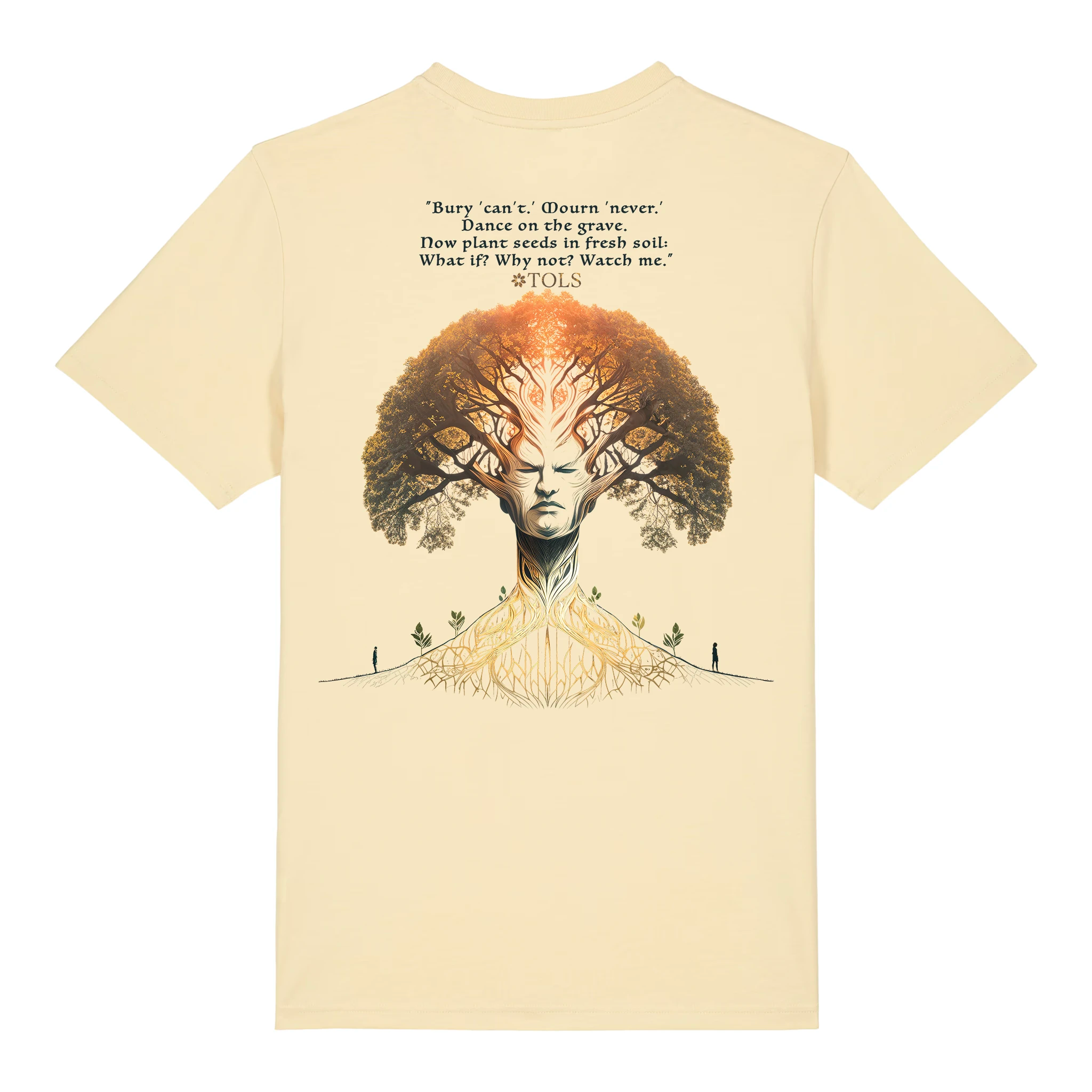 TOLS The Awakening theme men's unisex medium fit organic cotton T-shirt in Butter, back - Seed Rebellion