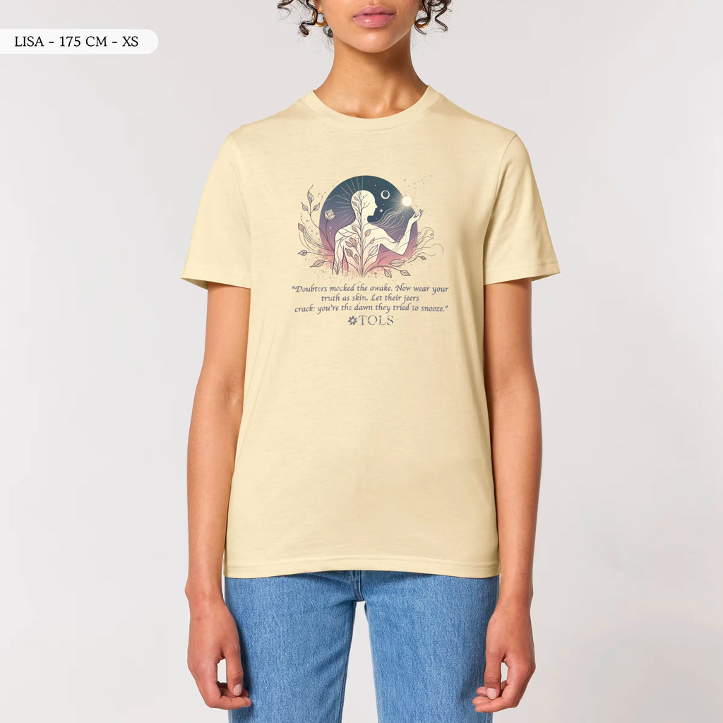 TOLS The Awakening theme men's unisex medium fit organic cotton T-shirt in Butter, female front - Sleepless Light