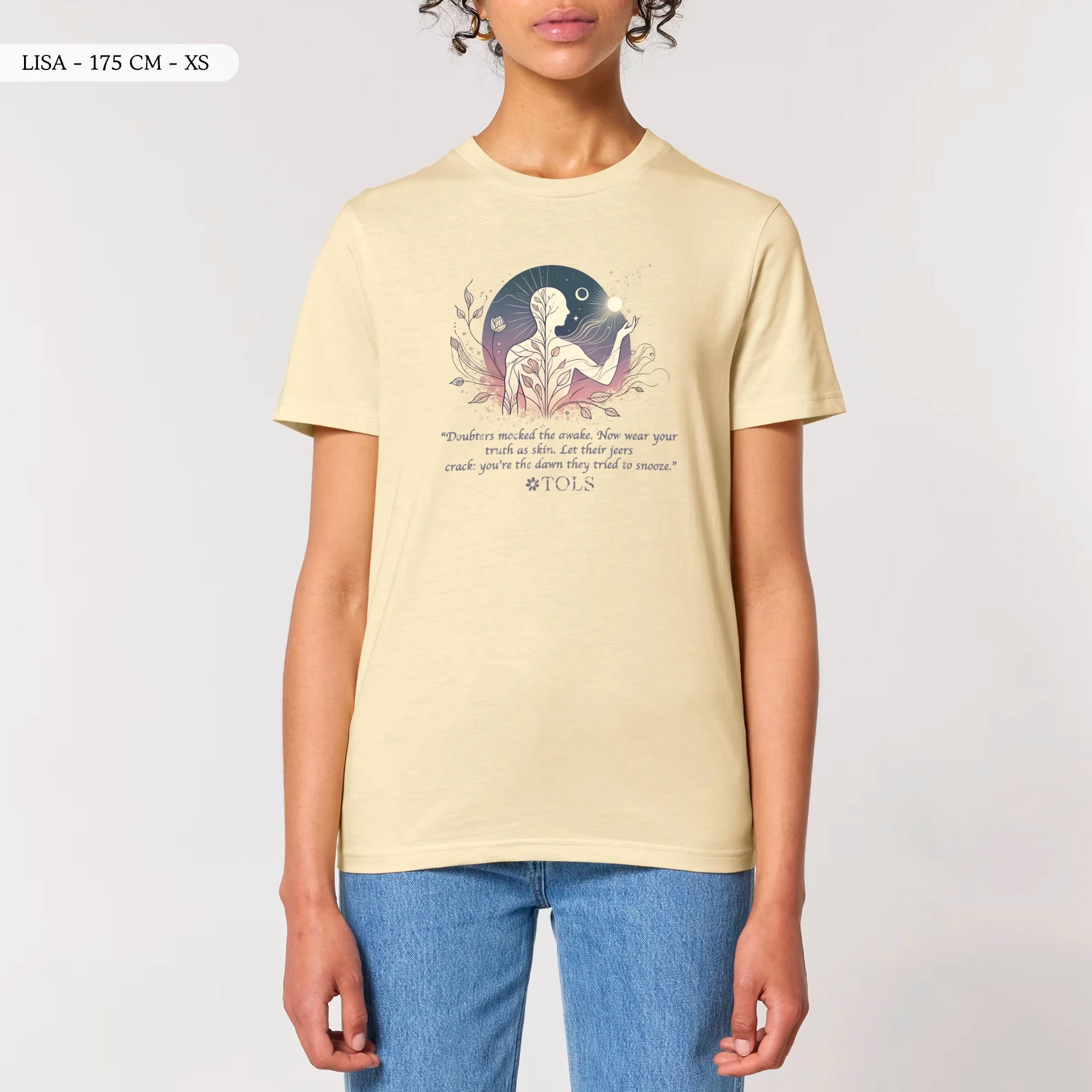 TOLS The Awakening theme men's unisex medium fit organic cotton T-shirt in Butter, female front - Sleepless Light