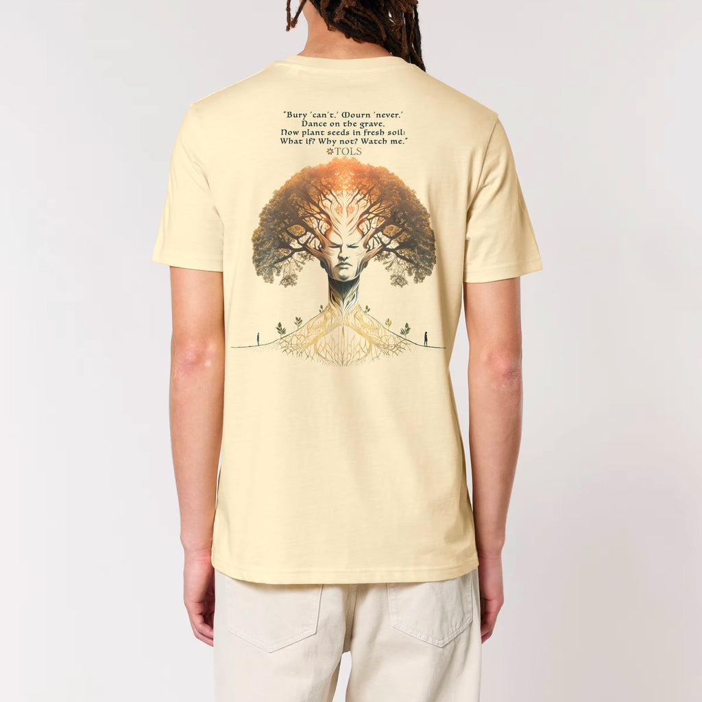 TOLS The Awakening theme men's unisex medium fit organic cotton T-shirt in Butter, male back - Seed Rebellion