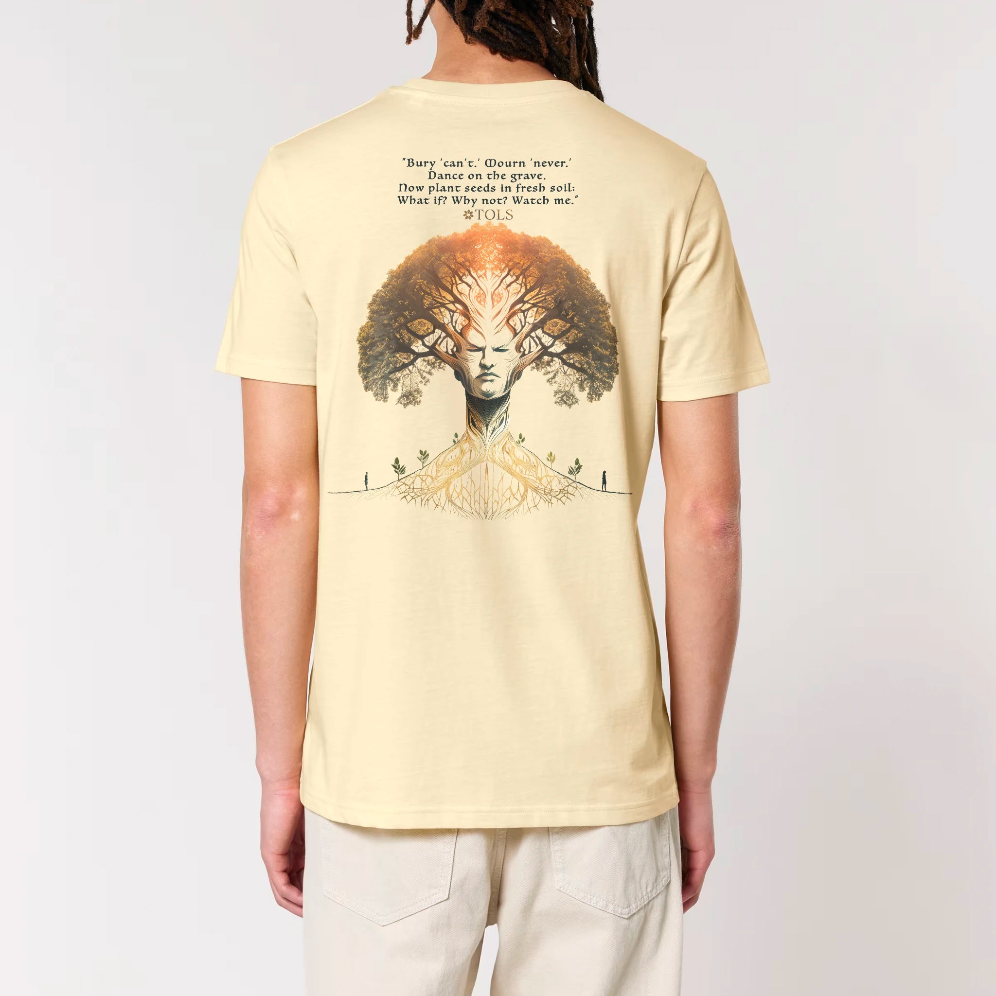TOLS The Awakening theme men's unisex medium fit organic cotton T-shirt in Butter, male back - Seed Rebellion