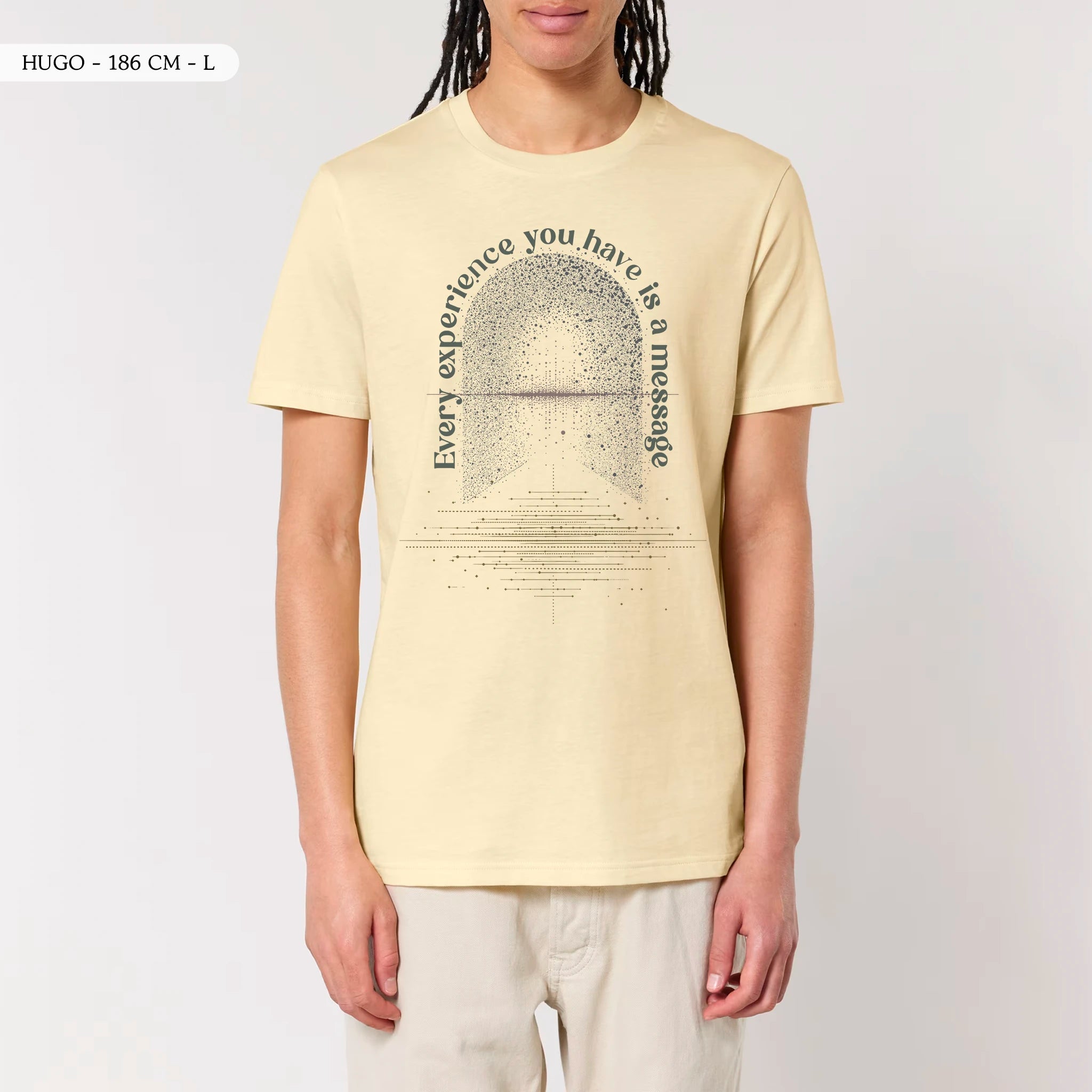 TOLS The Awakening theme men's unisex medium fit organic cotton T-shirt in Butter, male front - All Messages