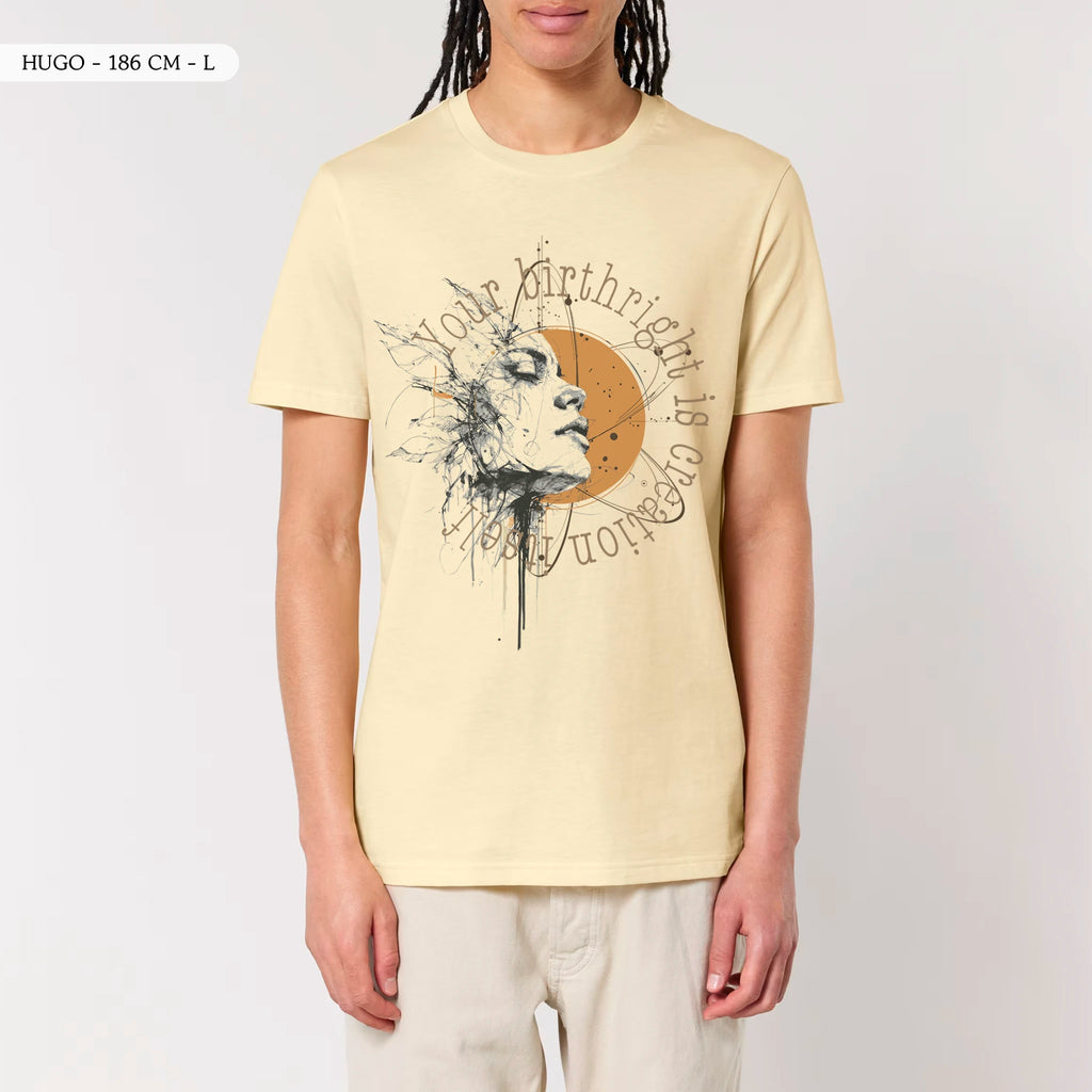 TOLS The Awakening theme men's unisex medium fit organic cotton T-shirt in Butter, male front - Remember