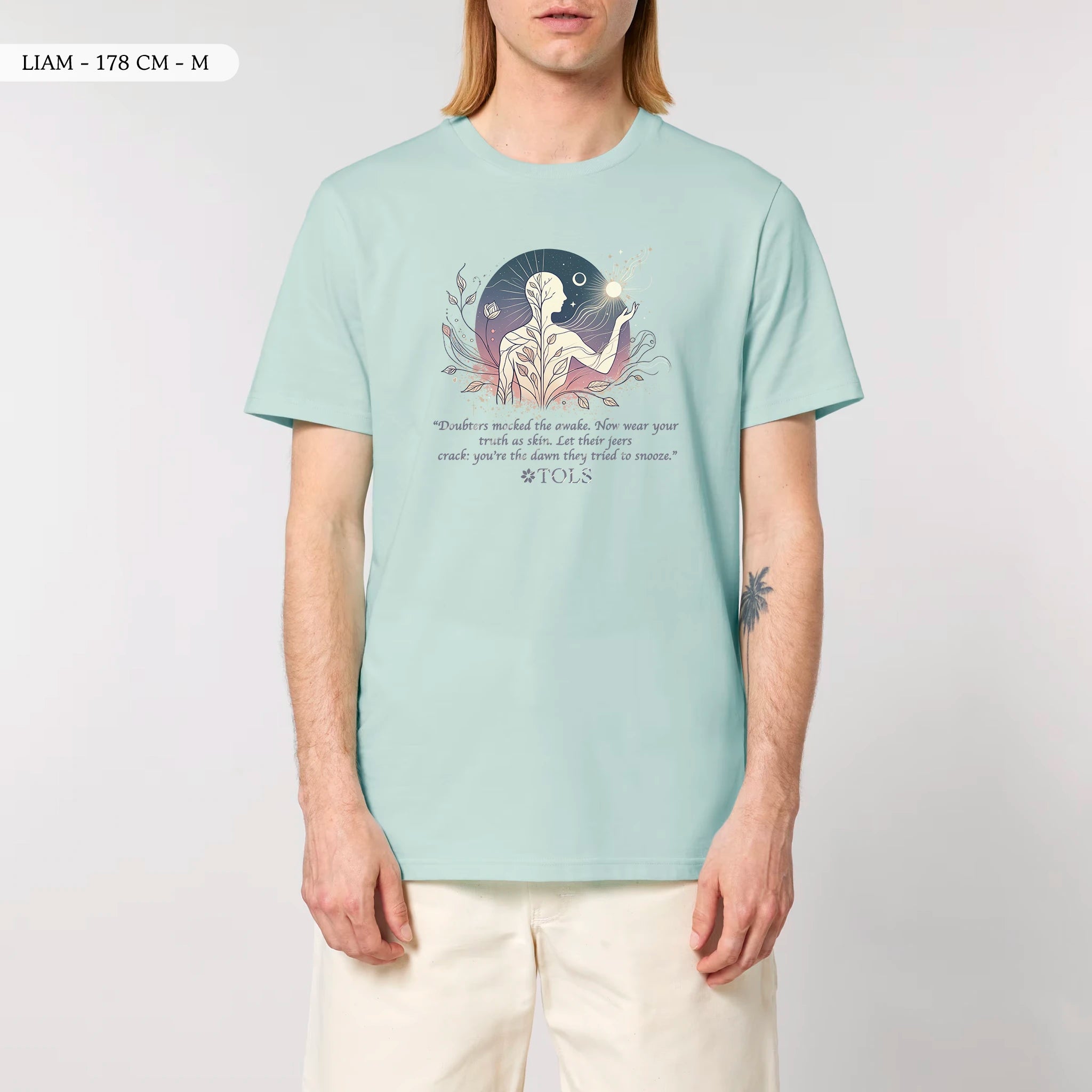 TOLS The Awakening theme men's unisex medium fit organic cotton T-shirt in Caribbean Blue, male front - Sleepless Light