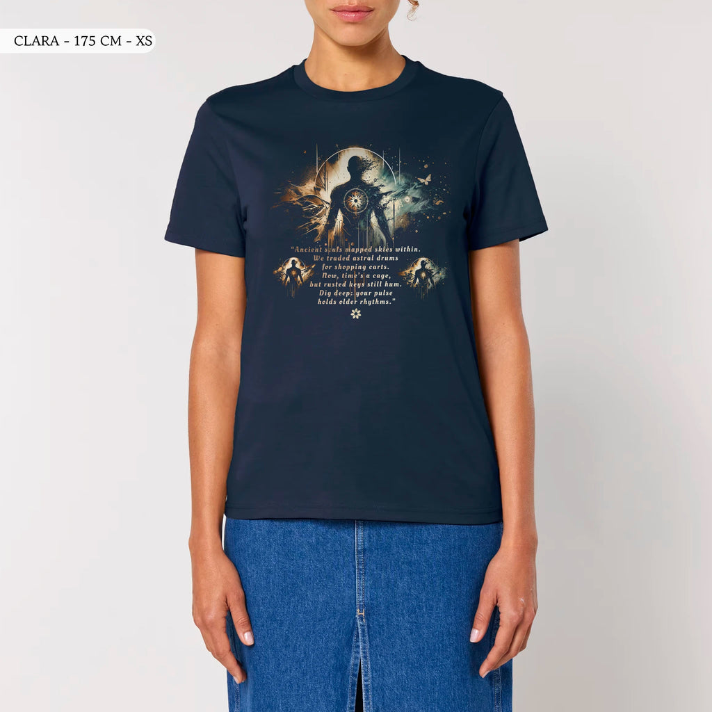 TOLS The Awakening theme men's unisex medium fit organic cotton T-shirt in French Navy, female front - Astral Memory