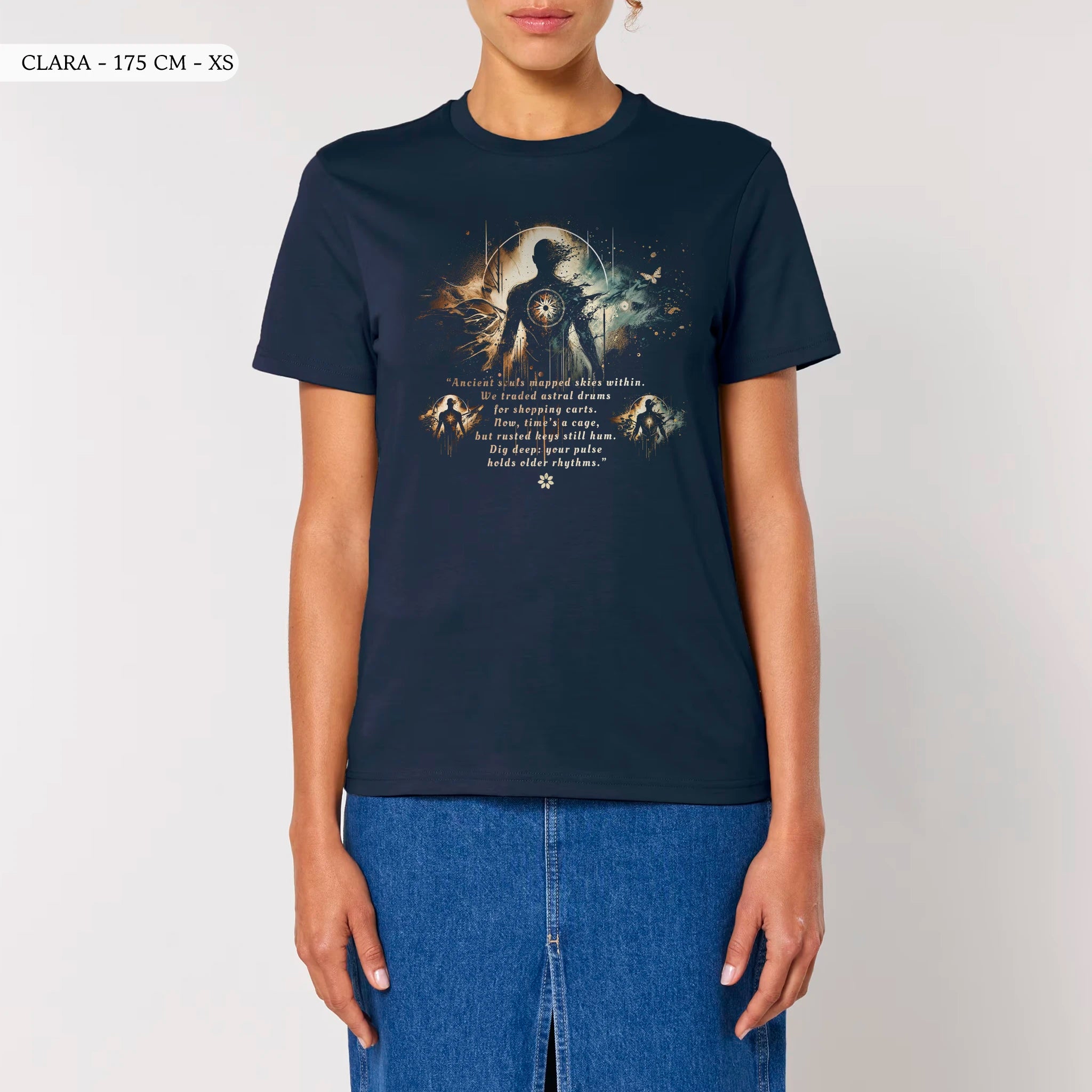 TOLS The Awakening theme men's unisex medium fit organic cotton T-shirt in French Navy, female front - Astral Memory