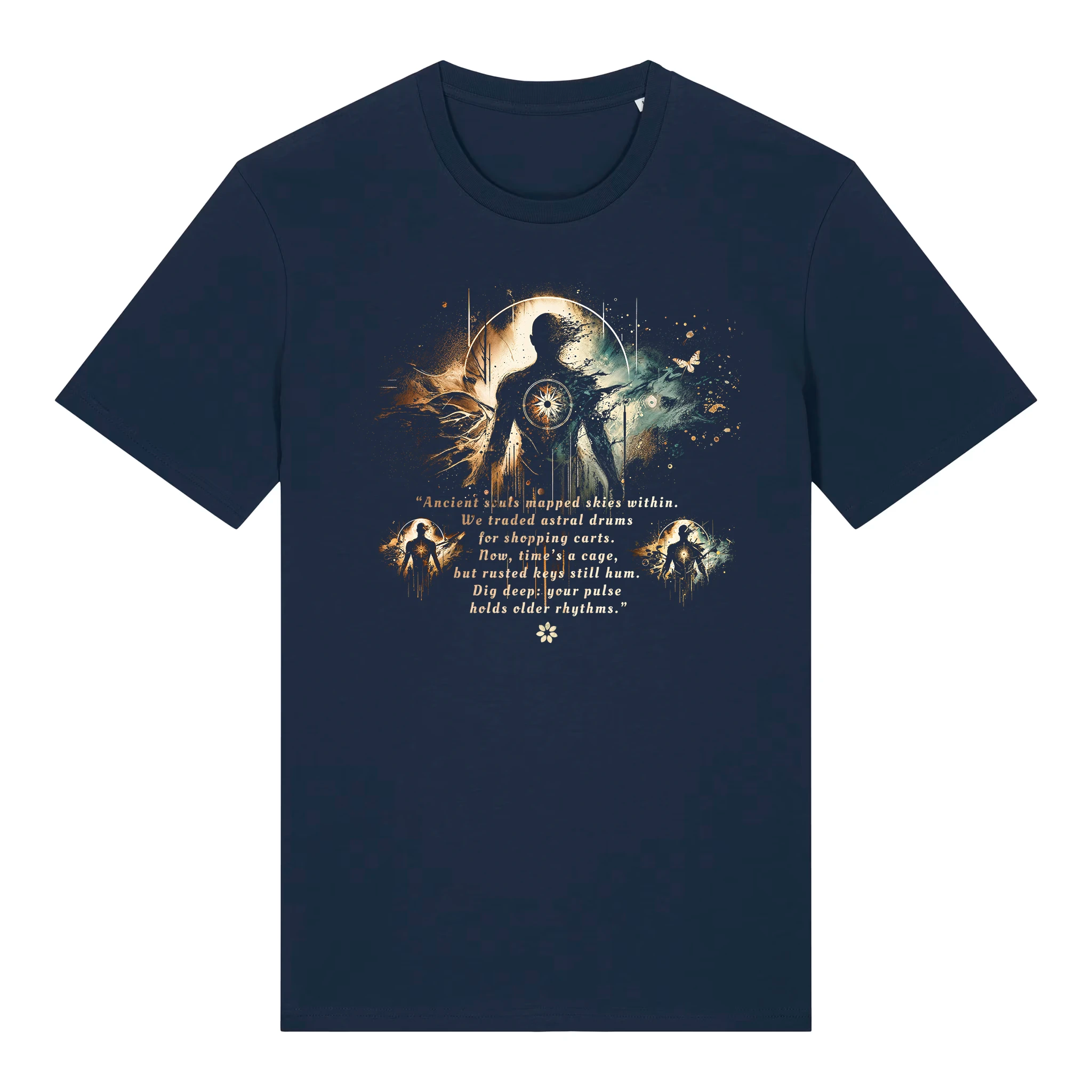 TOLS The Awakening theme men's unisex medium fit organic cotton T-shirt in French Navy, front - Astral Memory