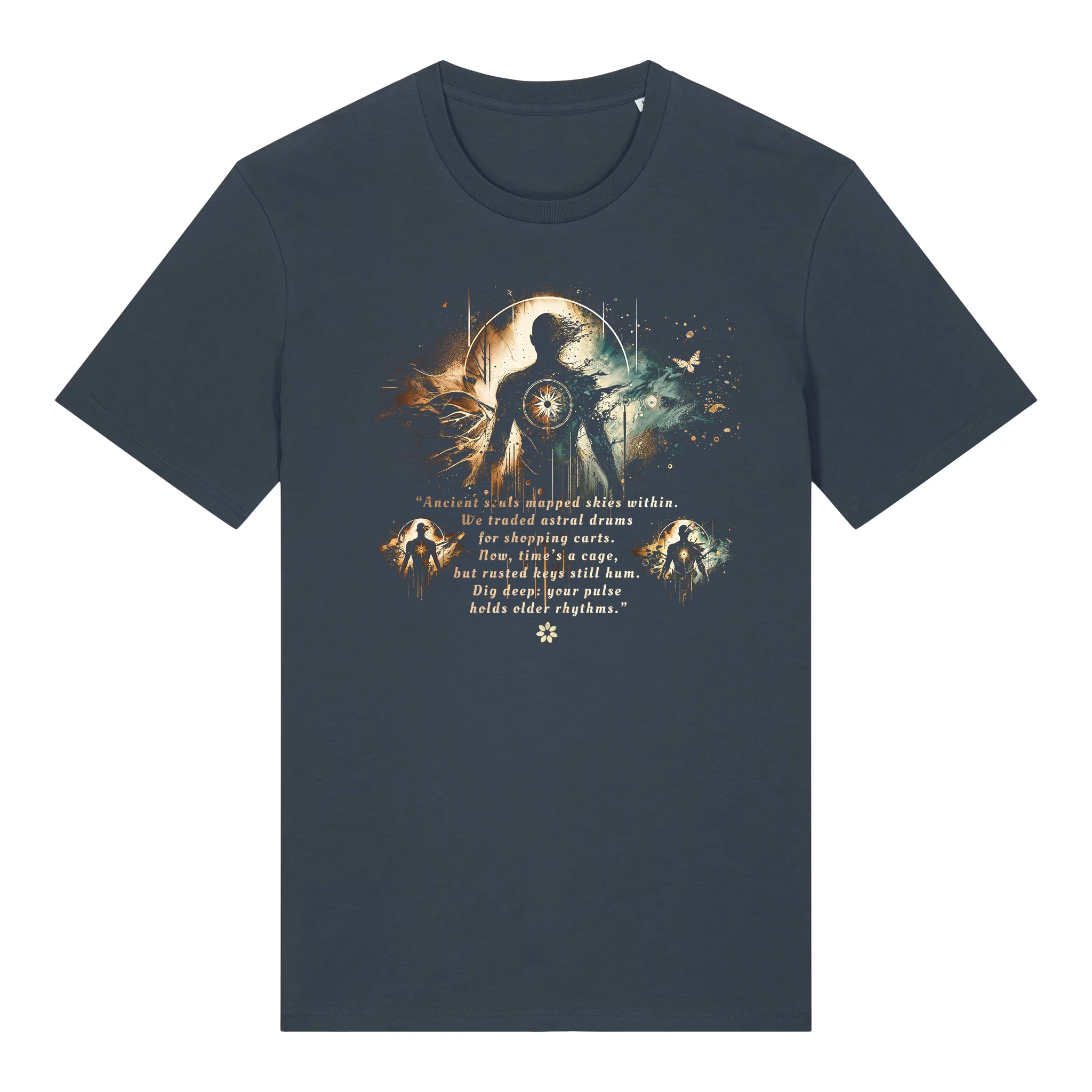 TOLS The Awakening theme men's unisex medium fit organic cotton T-shirt in India Ink Grey, front - Astral Memory