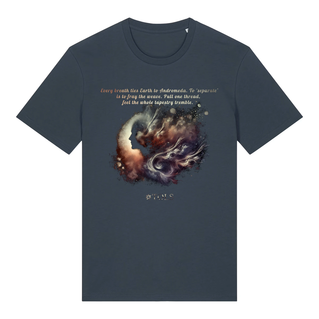 TOLS The Awakening theme men's unisex medium fit organic cotton T-shirt in India Ink Grey, front - Galactic Thread