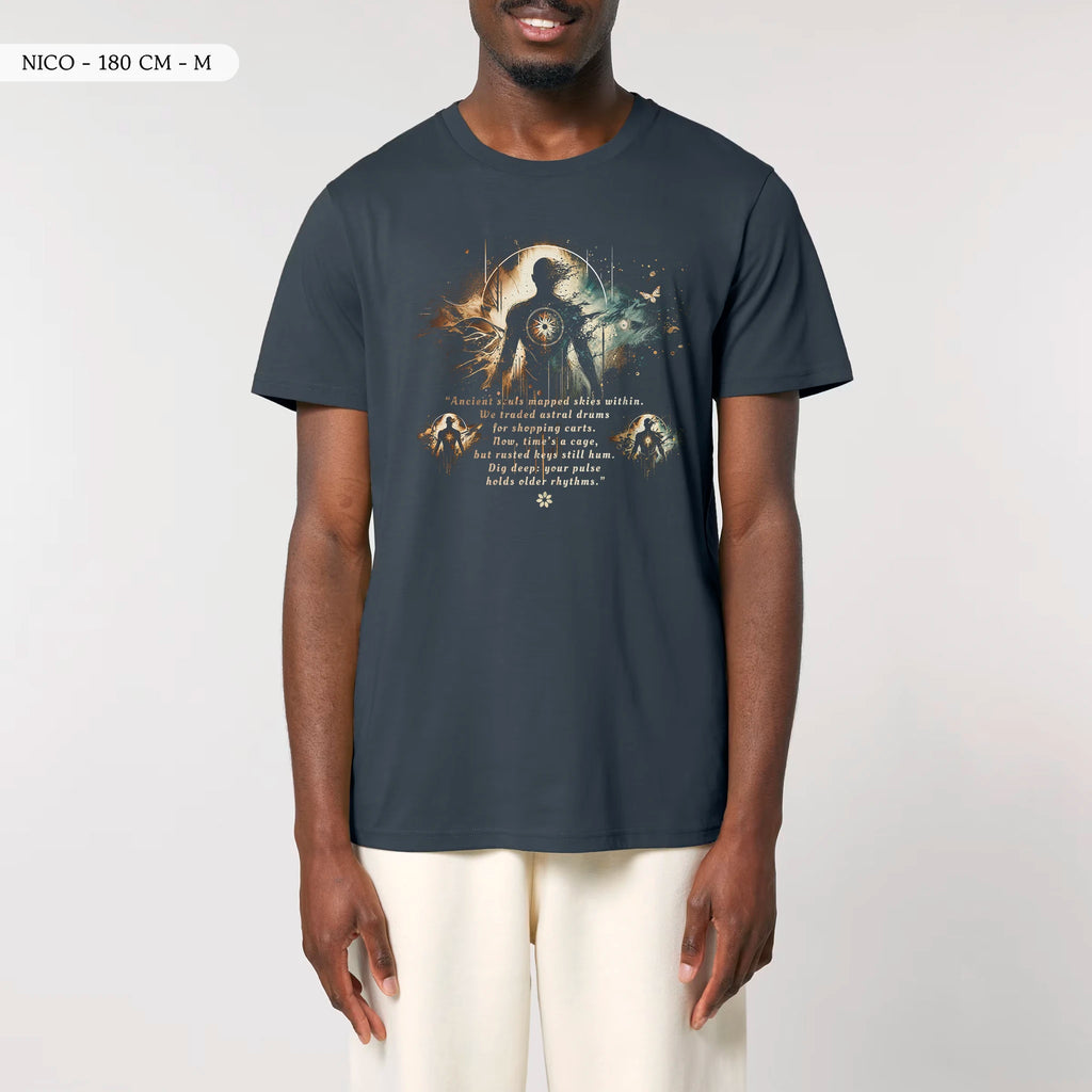 TOLS The Awakening theme men's unisex medium fit organic cotton T-shirt in India Ink Grey, male front - Astral Memory