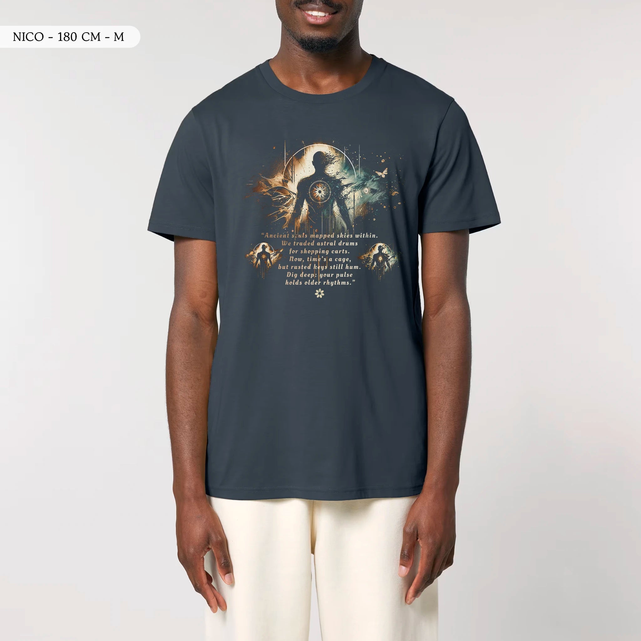 TOLS The Awakening theme men's unisex medium fit organic cotton T-shirt in India Ink Grey, male front - Astral Memory