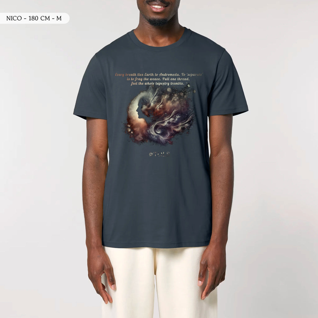 TOLS The Awakening theme men's unisex medium fit organic cotton T-shirt in India Ink Grey, male front - Galactic Thread