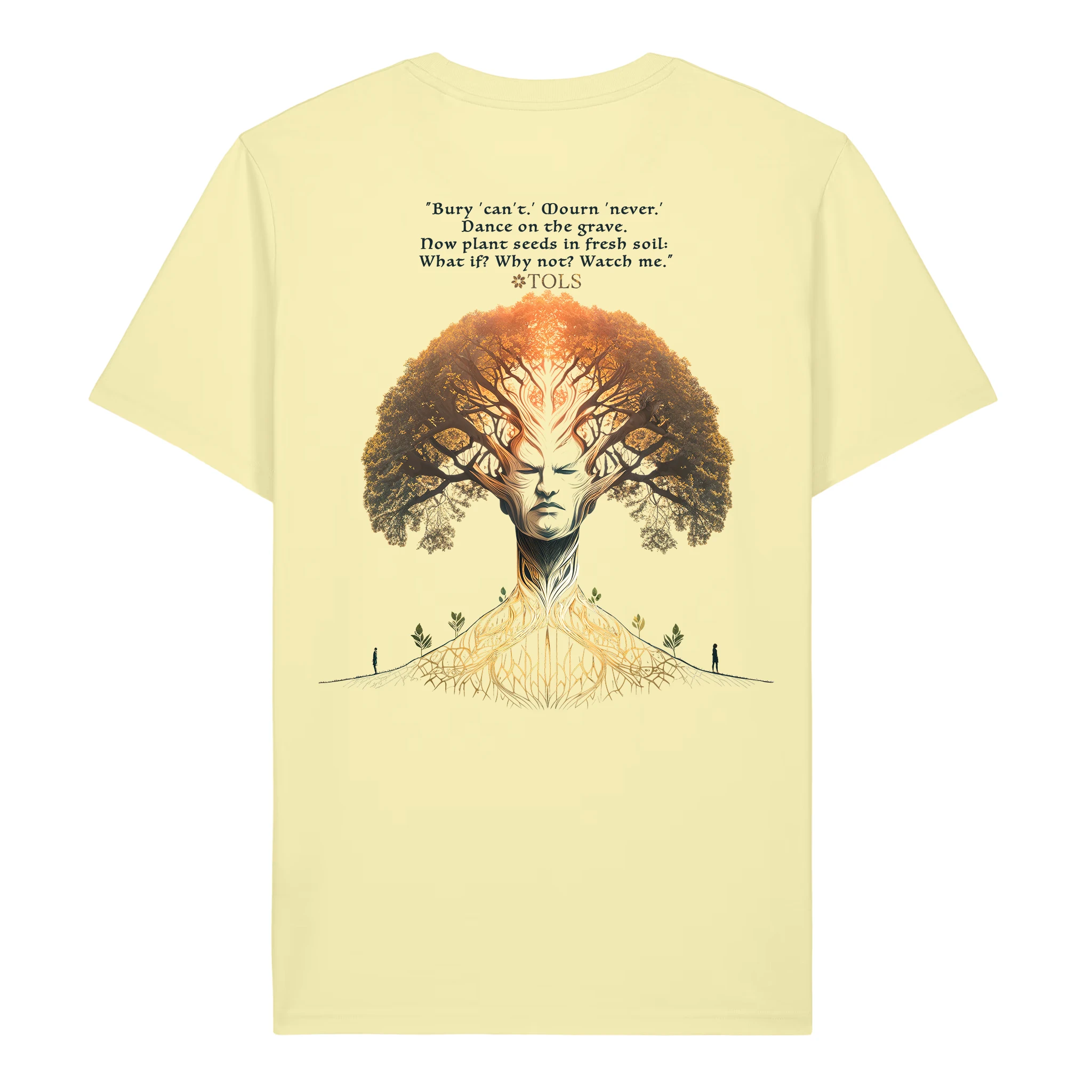 TOLS The Awakening theme men's unisex medium fit organic cotton T-shirt in Lemon Sorbet, back - Seed Rebellion