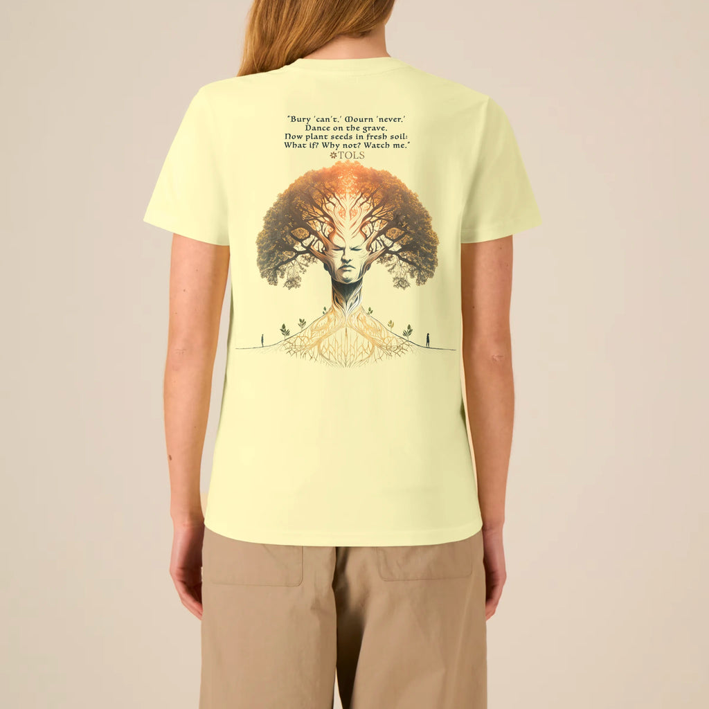 TOLS The Awakening theme men's unisex medium fit organic cotton T-shirt in Lemon Sorbet, female back - Seed Rebellion