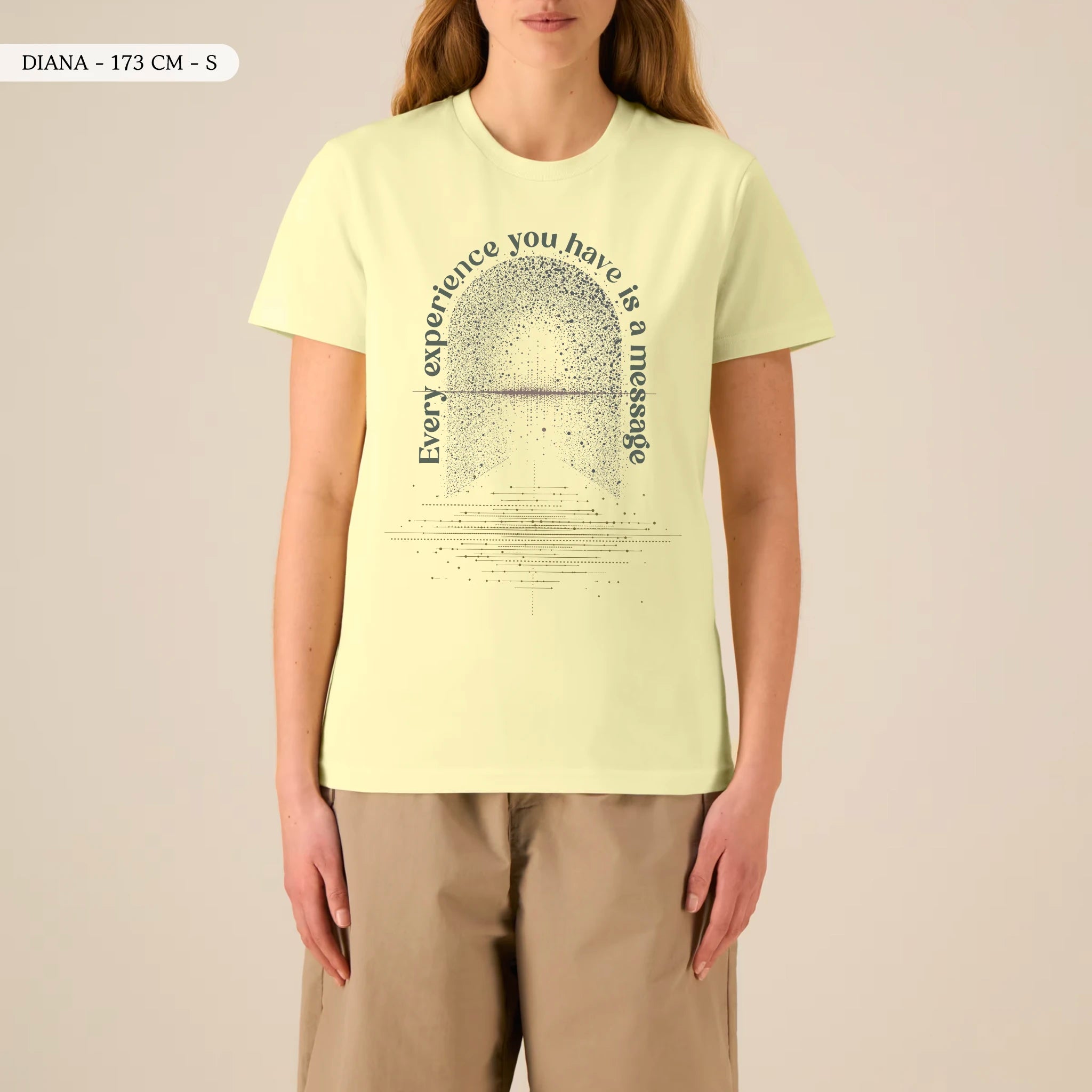 TOLS The Awakening theme men's unisex medium fit organic cotton T-shirt in Lemon Sorbet, female front - All Messages