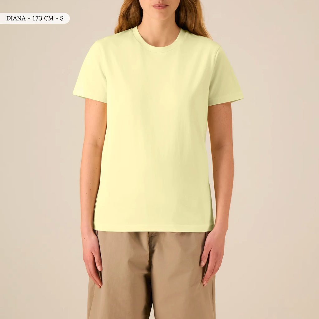 TOLS The Awakening theme men's unisex medium fit organic cotton T-shirt in Lemon Sorbet, female front - Seed Rebellion