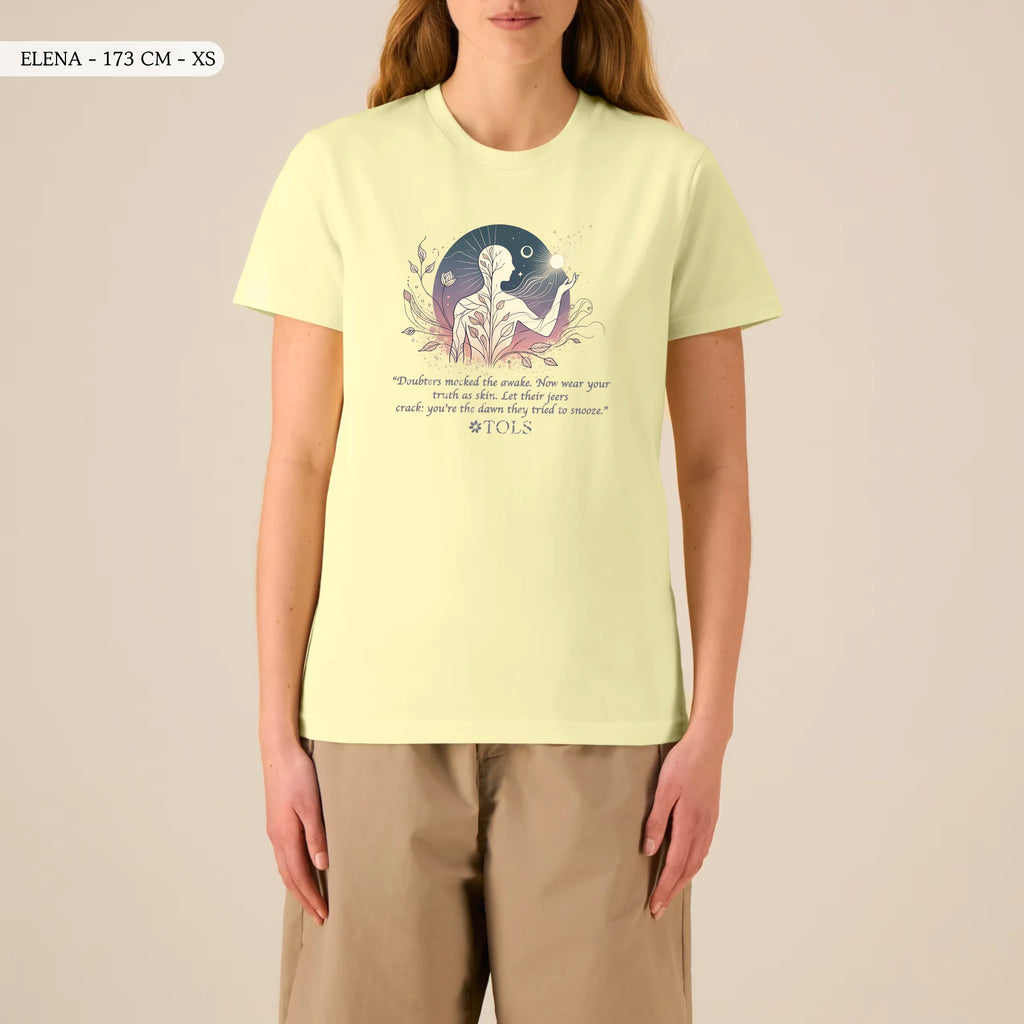 TOLS The Awakening theme men's unisex medium fit organic cotton T-shirt in Lemon Sorbet, female front - Sleepless Light