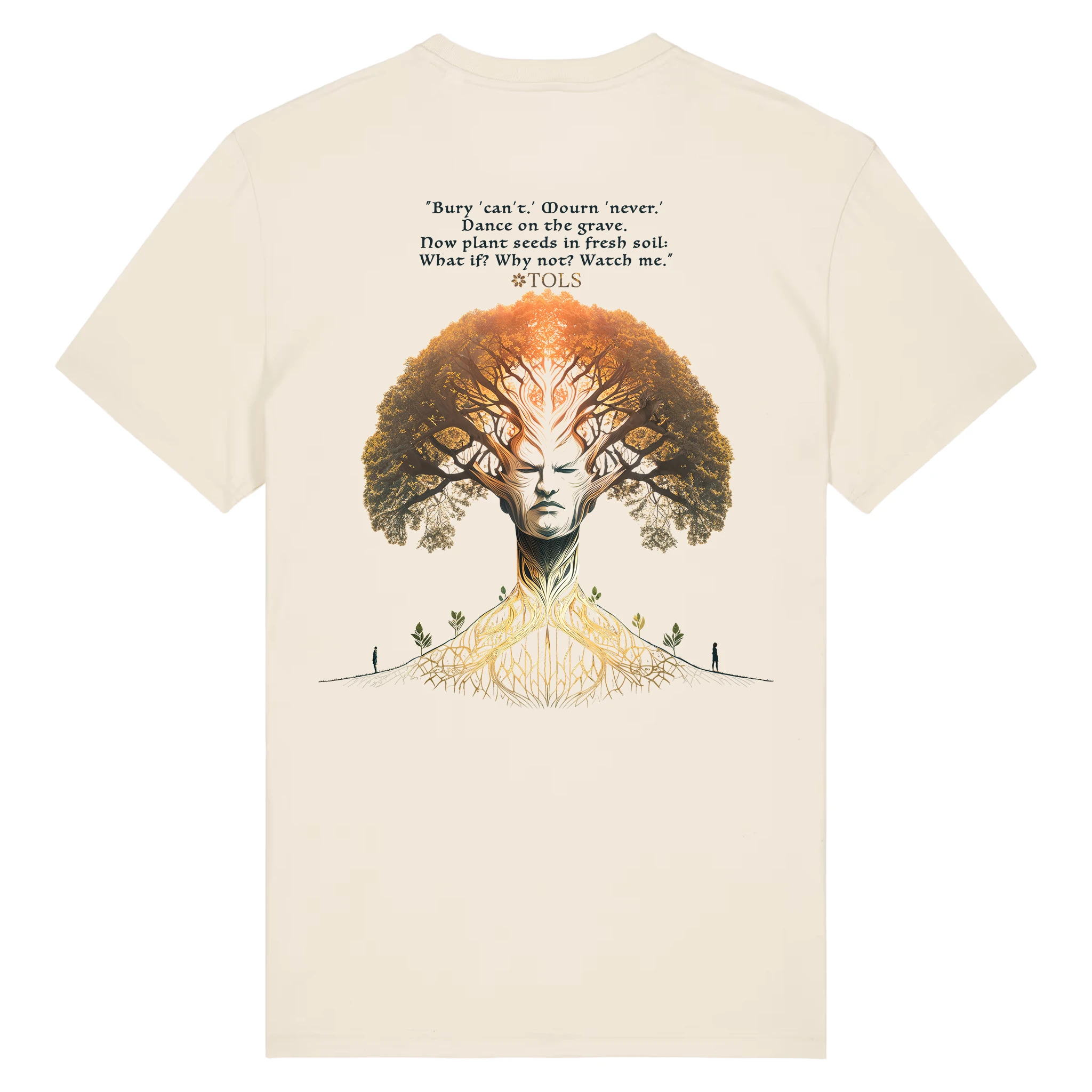 TOLS The Awakening theme men's unisex medium fit organic cotton T-shirt in Natural Raw, back - Seed Rebellion